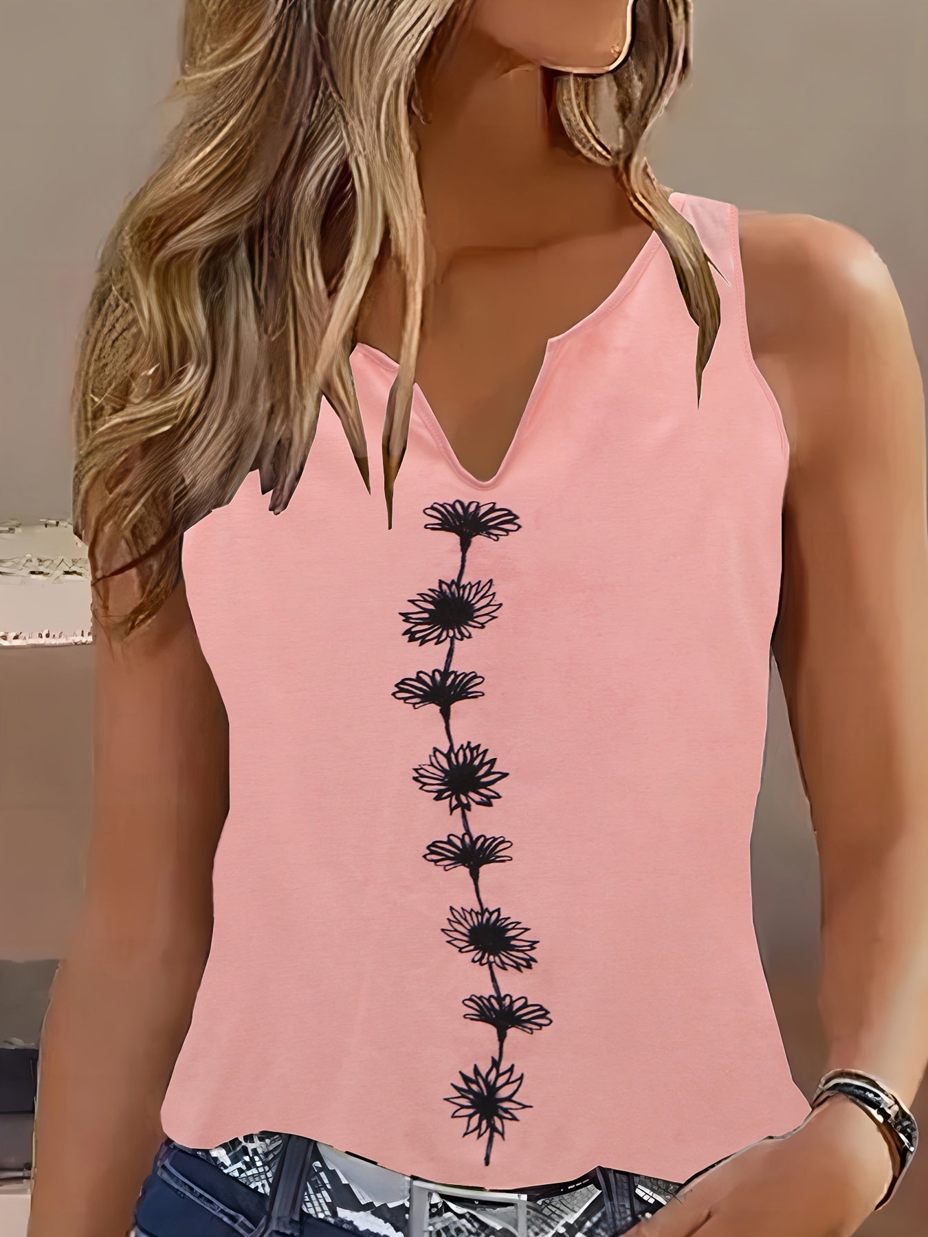 Sixsr Floral Print Tank Top, Casual Notch Neck Summer Sleeveless Top, Women's Clothing