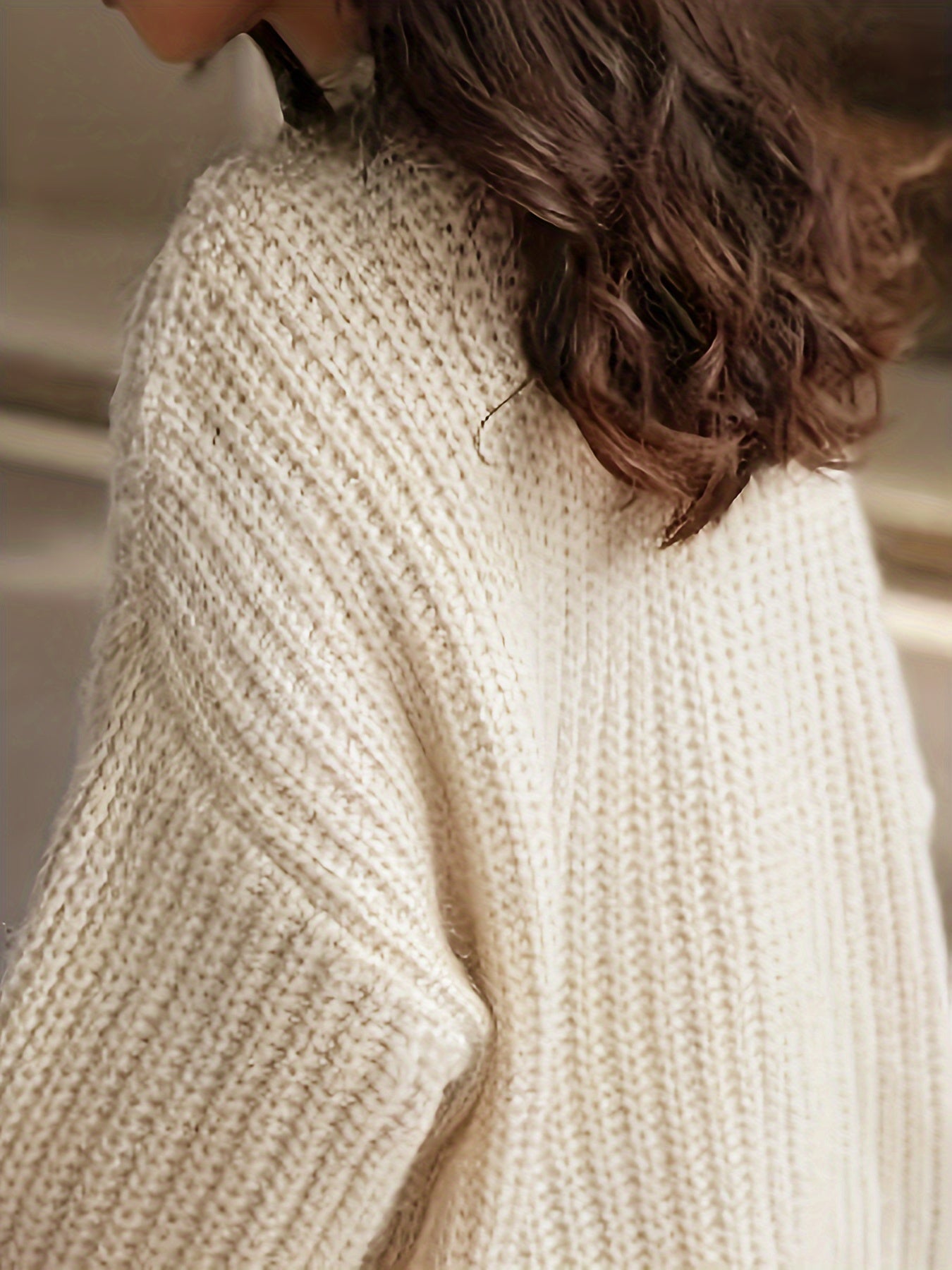 Sixsr Solid Cable Crew Neck Pullover Sweater, Elegant Long Sleeve Drop Shoulder Sweater, Women's Clothing