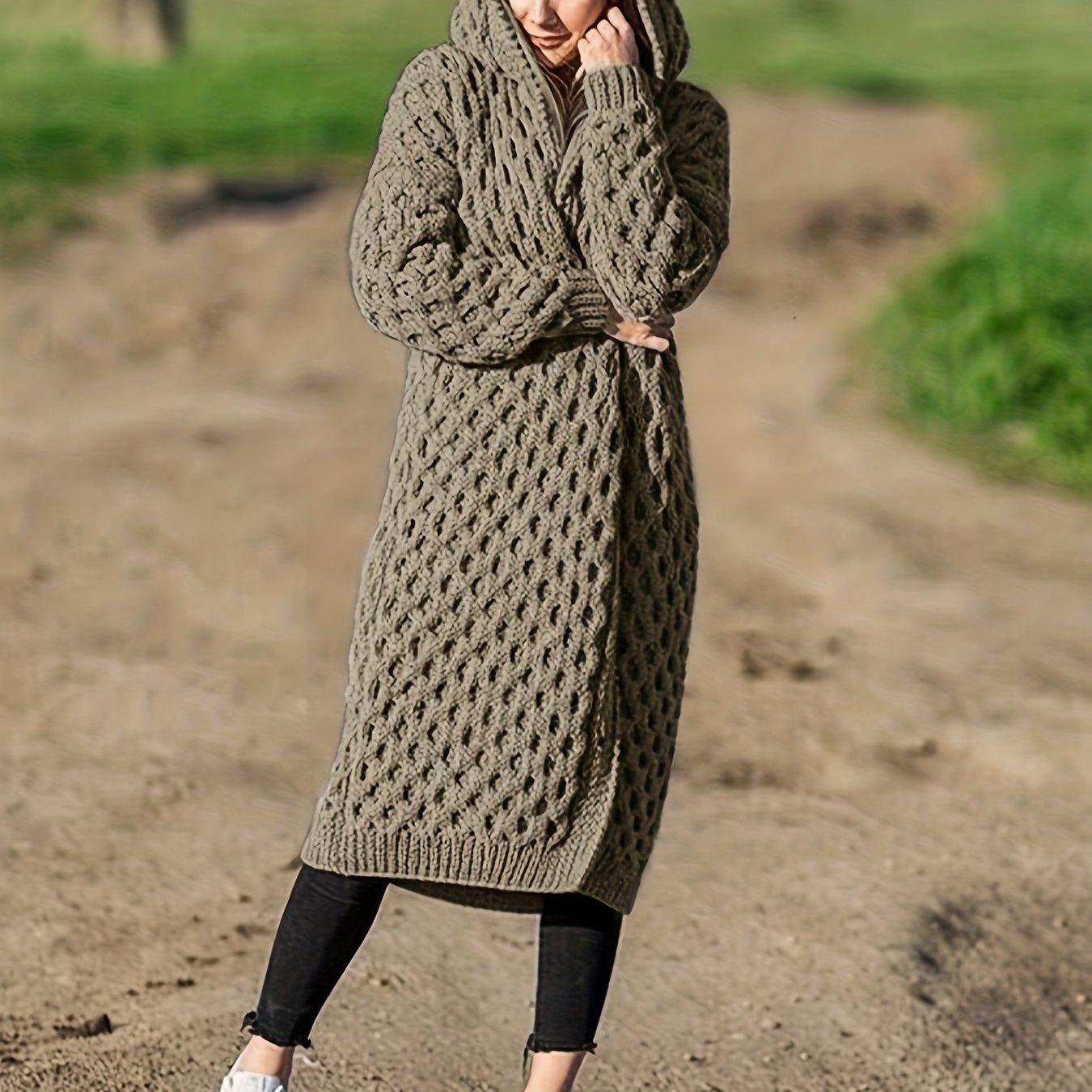 Sixsr Solid Open Front Hooded Cardigan, Casual Long Sleeve Long Length Sweater For Fall & Winter, Women's Clothing