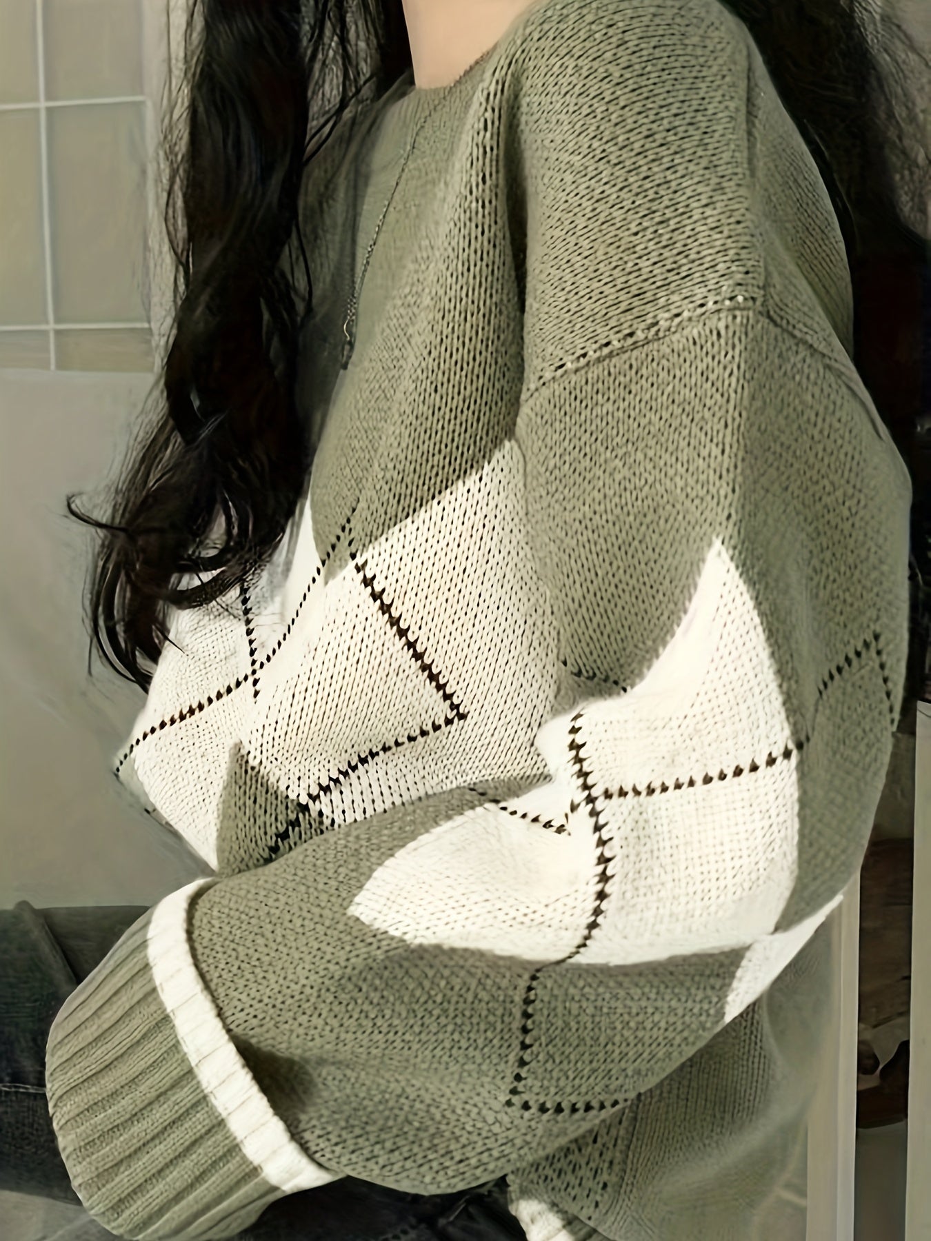 Sixsr Argyle Pattern Crew Neck Pullover Sweater, Vintage Long Sleeve Loose Sweater, Women's Clothing