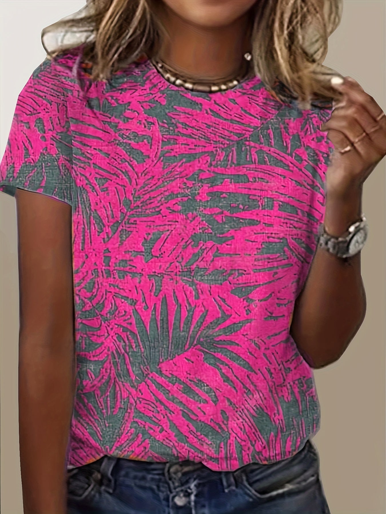 Sixsr Random Print Short Sleeve T-Shirt, Casual Crew Neck T-shirt For Spring & Summer, Women's Clothing