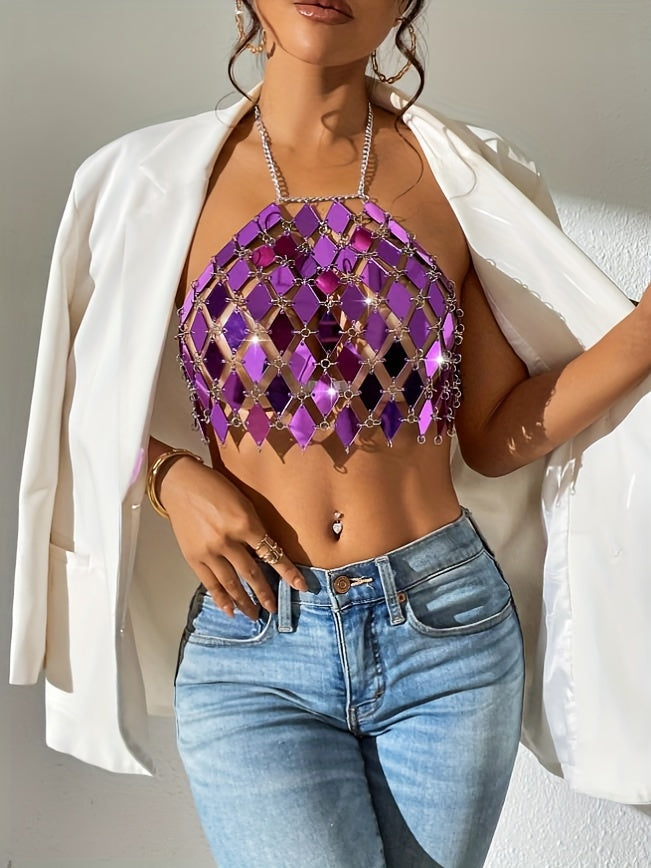 Sixsr Sequin Decor Crop Halter Top, Casual Chain Summer Sleeveless Top, Women's Clothing
