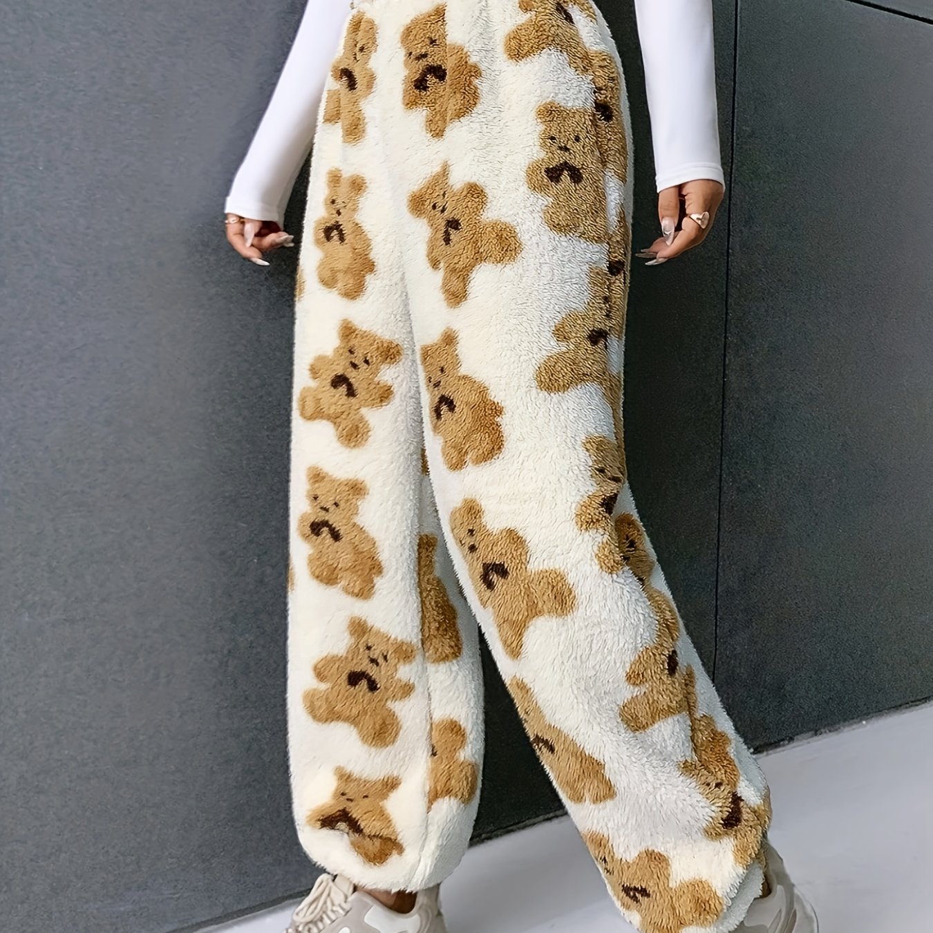 Sixsr Bear Pattern Plush Baggy Joggers, Casual High Waist Pants, Women's Clothing