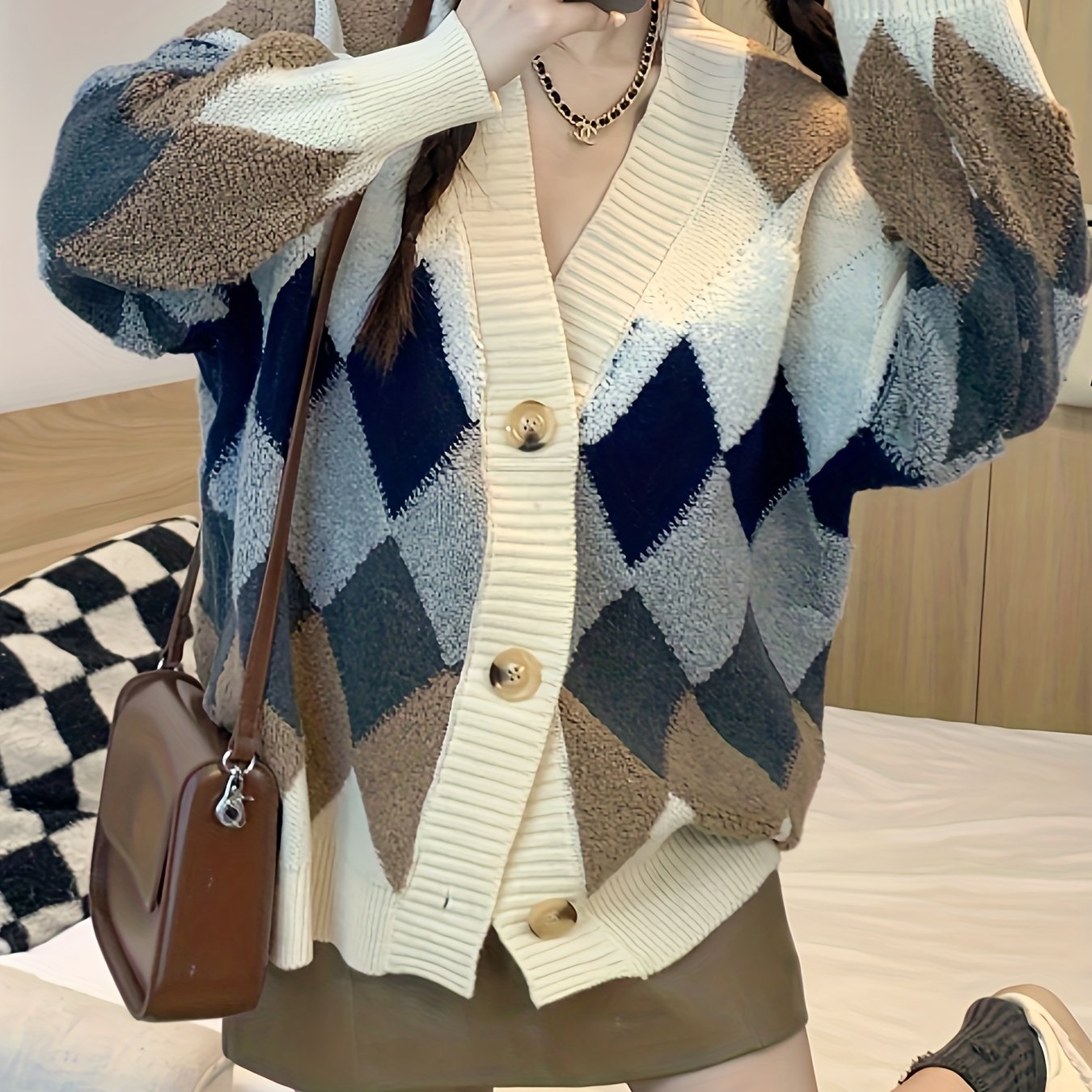 Sixsr Plaid Button Down Knit Cardigan, Casual Long Sleeve Thick Sweater Coat, Women's Clothing