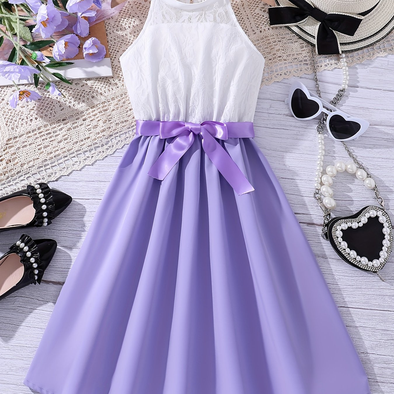 Elegant Girls Splicing Halter Neck Sleeveless Dress With Bow Belt Summer Party Gift