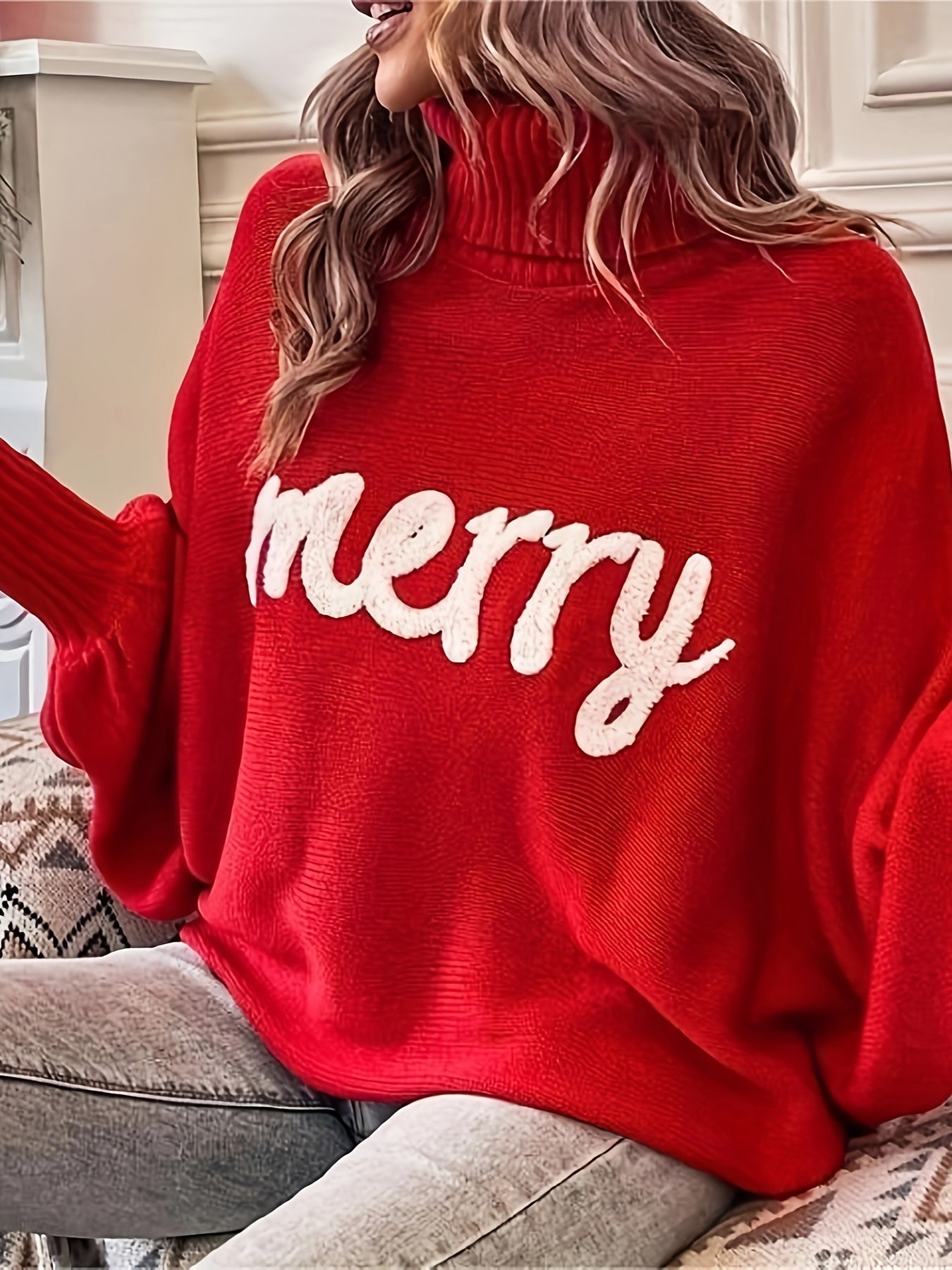 Sixsr Plus Size Casual Sweater, Women's Plus Letter Patch Bat Sleeve Turtle Neck Pullover Sweater