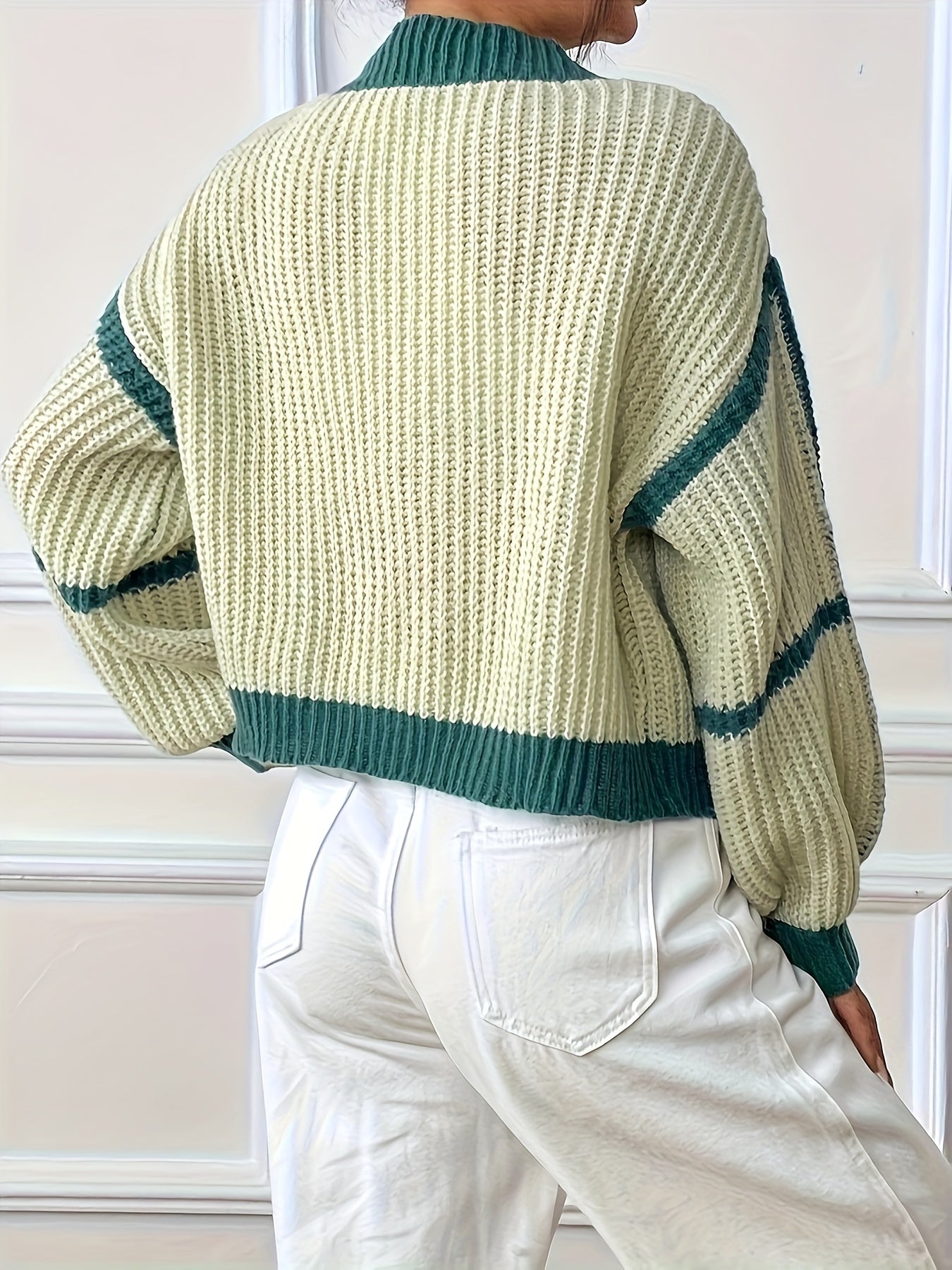 Sixsr Contrast Trim Simple Crop Knit Cardigan, Casual Open Front Lantern Sleeve Sweater, Women's Clothing