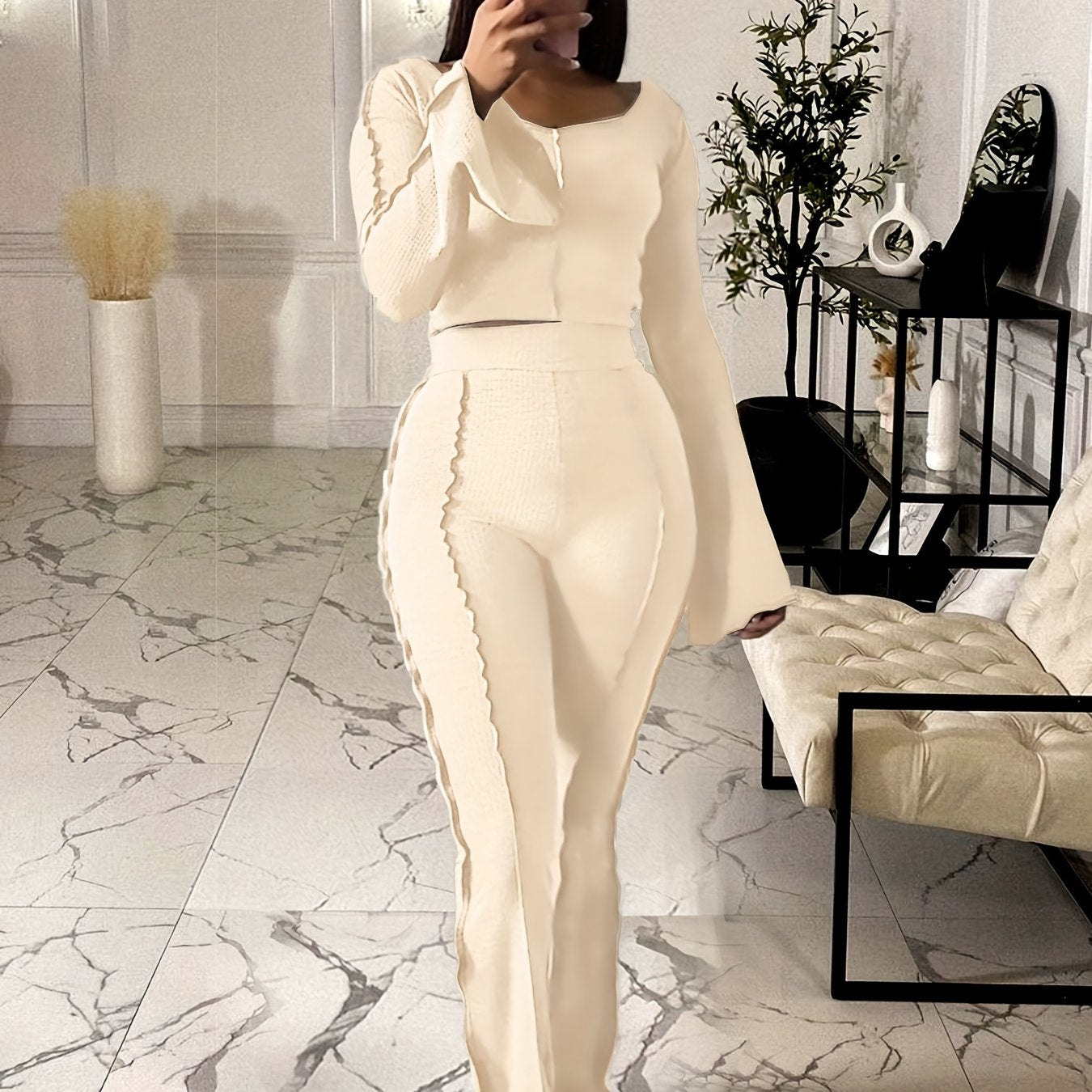 Sixsr Solid Rib Two-piece Set, Flared Sleeve Crew Neck Tops & High Waist Long Length Pants Outfits, Women's Clothing
