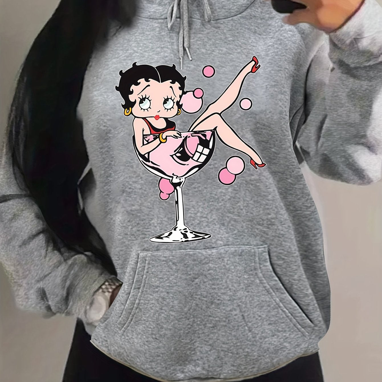 Sixsr Plus Size Casual Sweatshirt, Women's Plus Cartoon Figure Print Long Sleeve Drawstring Hooded Sweatshirt With Pockets