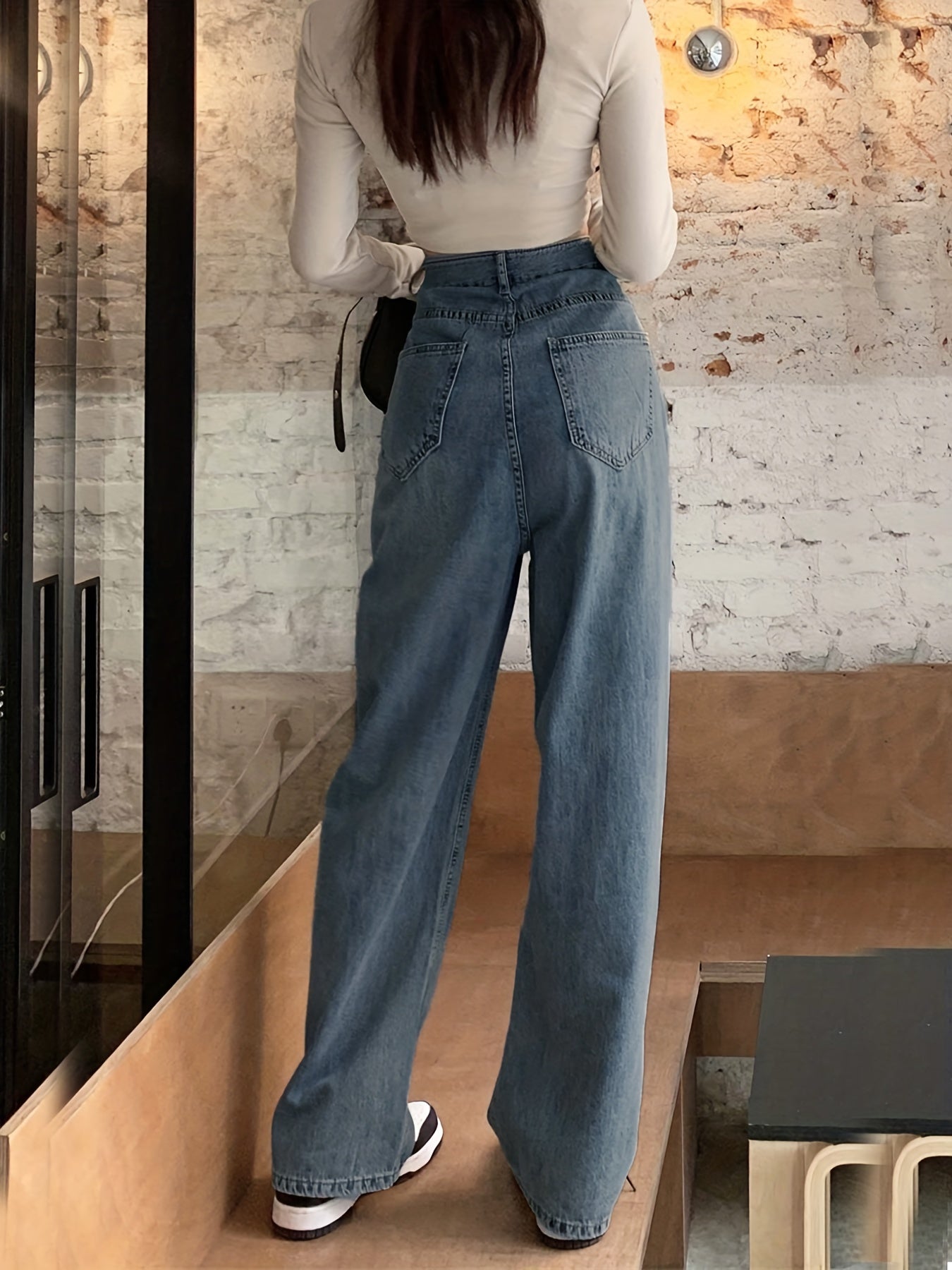 Sixsr Blue Adjustable Buckle Waist Straight Jeans, Loose Fit Slant Pockets High Waist Wide Legs Jeans, Women's Denim Jeans & Clothing