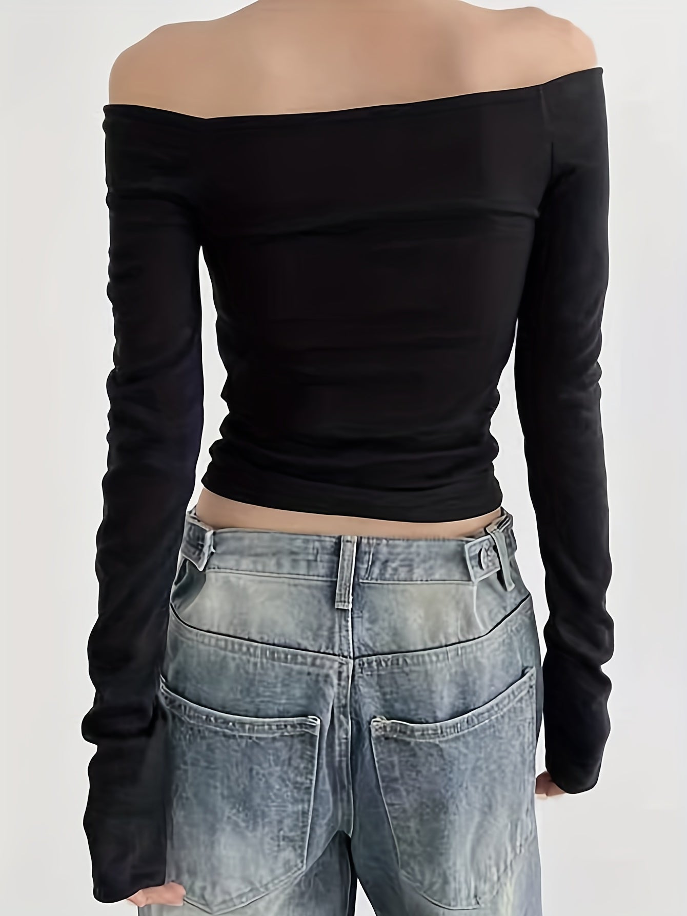 Sixsr Solid Color Off-shoulder T-Shirt, Stylish Long Sleeve Crop T-Shirt For Spring & Fall, Women's Clothing
