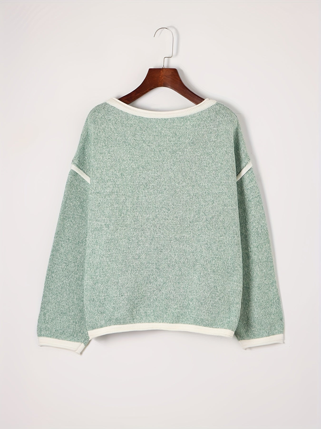Sixsr Contrast Trim Oversized Knit Sweater, Casual Crew Neck Long Sleeve Sweater, Women's Clothing