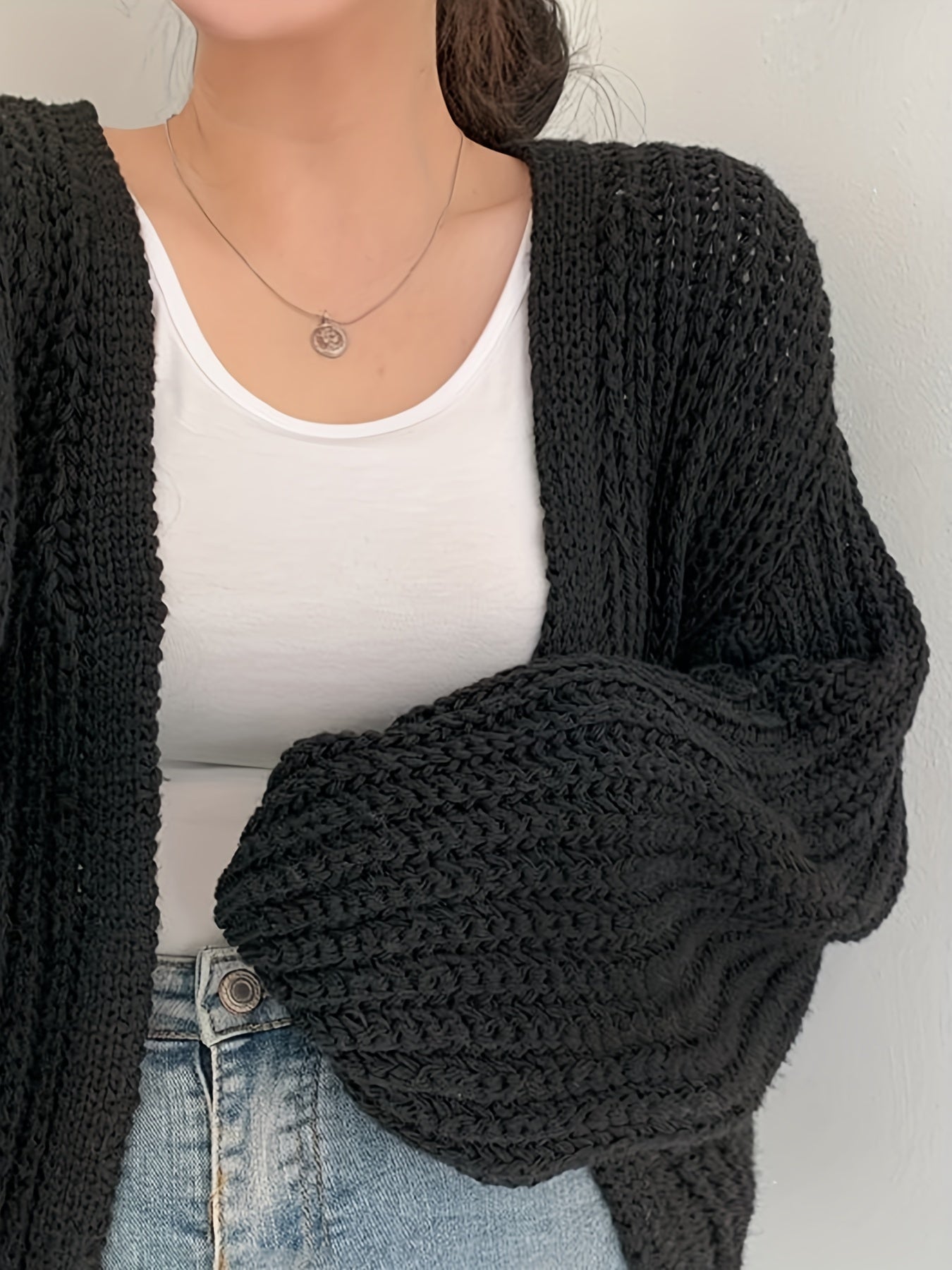Sixsr Solid Ope Front Chunky Knit Cardigan, Casual Long Sleeve Loose Sweater, Women's Clothing