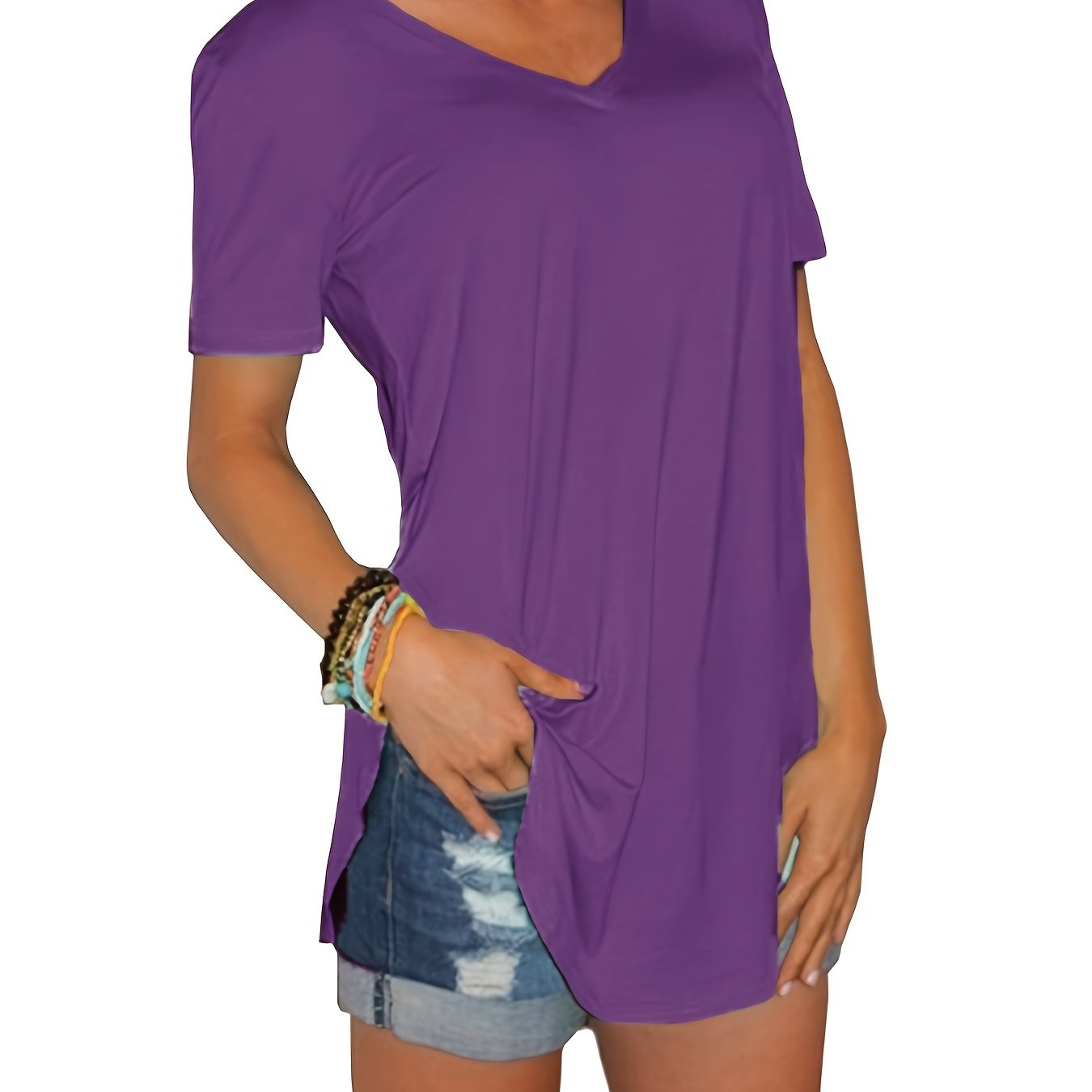 Sixsr Hem Arc Spilt Hem T-shirt, Casual V Neck Short Sleeve Summer T-shirt, Women's Clothing