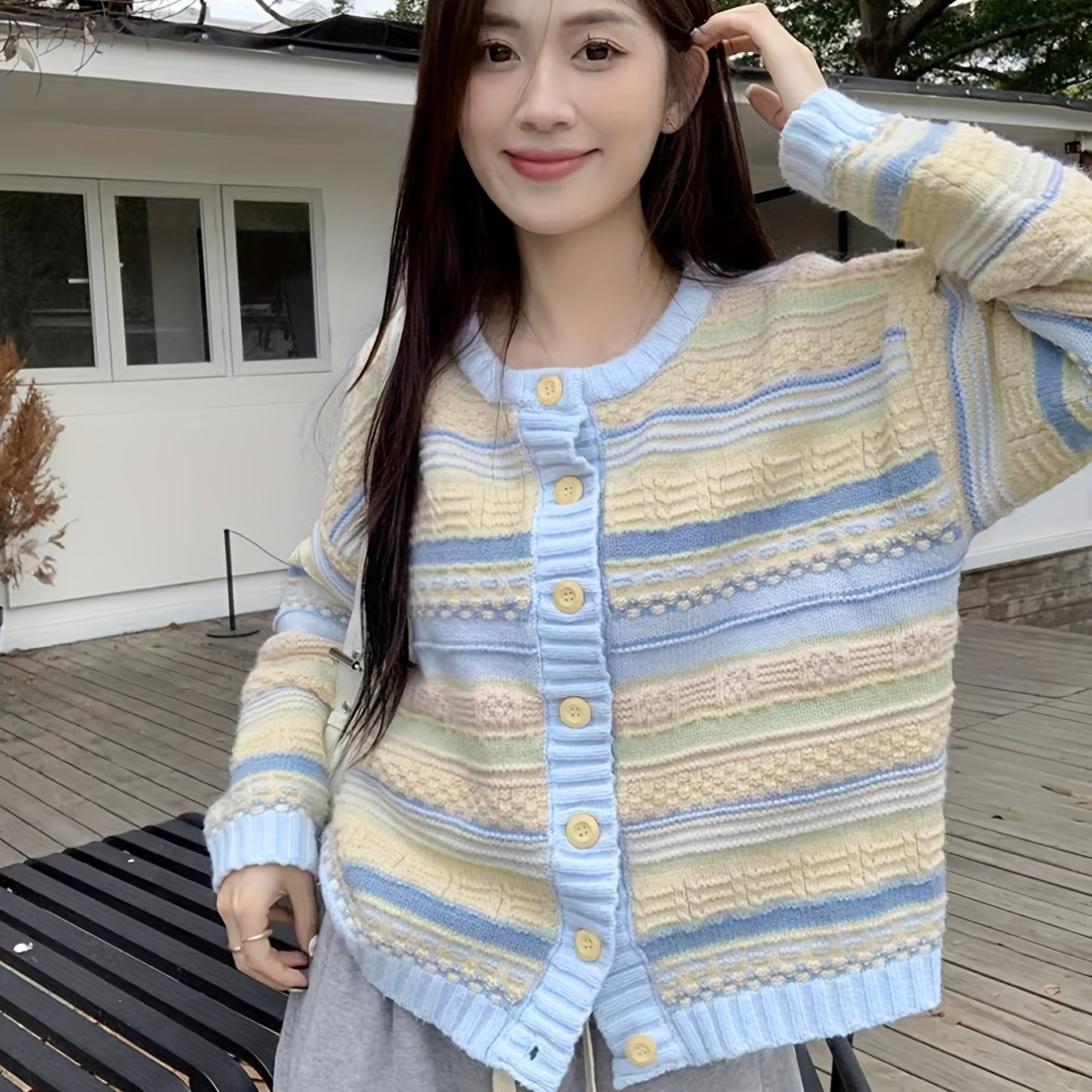 Sixsr Striped Button Up Knit Cardigan, Elegant Long Sleeve Sweater For Spring & Fall, Women's Clothing