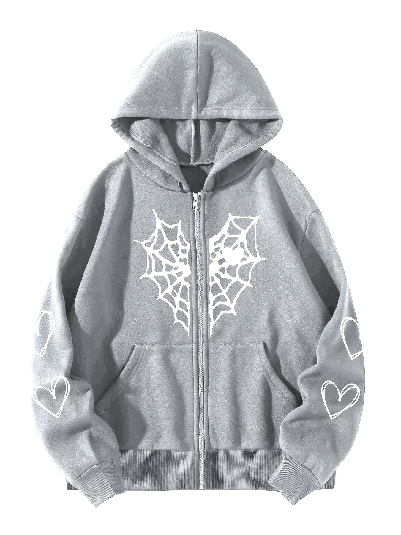 Sixsr Spider Web Heart-shaped Print Drawstring Loose Hoodies, Casual Zipper Hooded Pocket Fashion Long Sleeve Sweatshirt, Women's Clothing