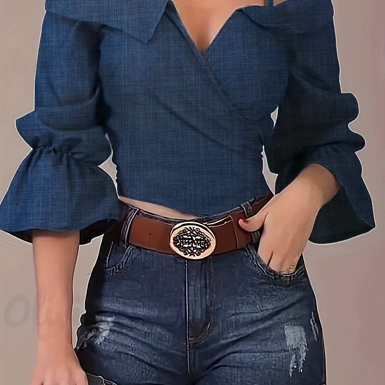 Sixsr Solid Spaghetti Strap Blouse, Casual Bell Sleeve Surplice Neck Blouse, Women's Clothing