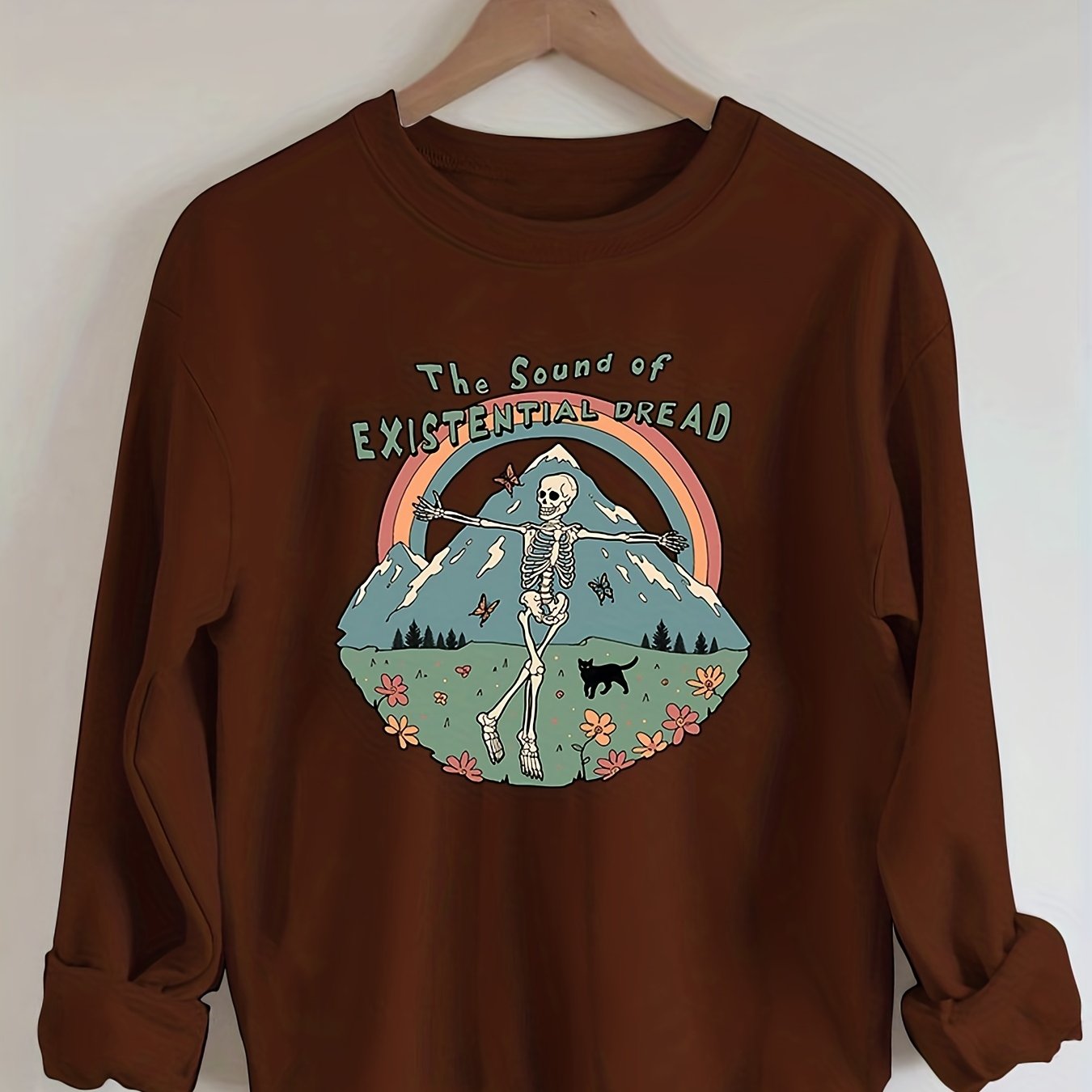 Sixsr Plus Size Halloween Sweatshirt, Women's Plus Skull & Rainbow & Letter Print Long Sleeve Round Neck Sweatshirt