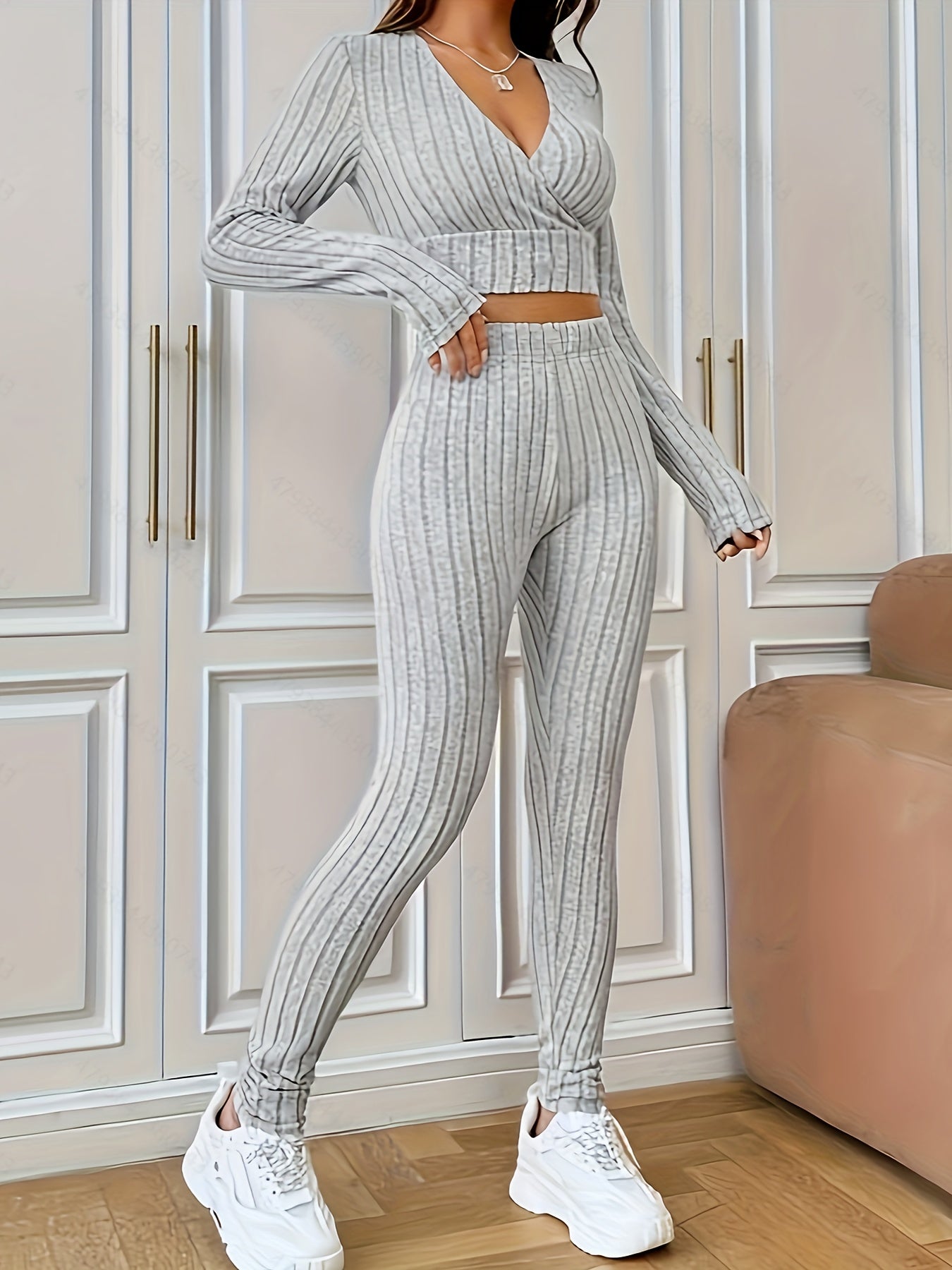 Sixsr Ribbed Solid Two-piece Set, V Neck Long Sleeve Cropped Tops & Slim Long Length Pants Outfits, Women's Clothing