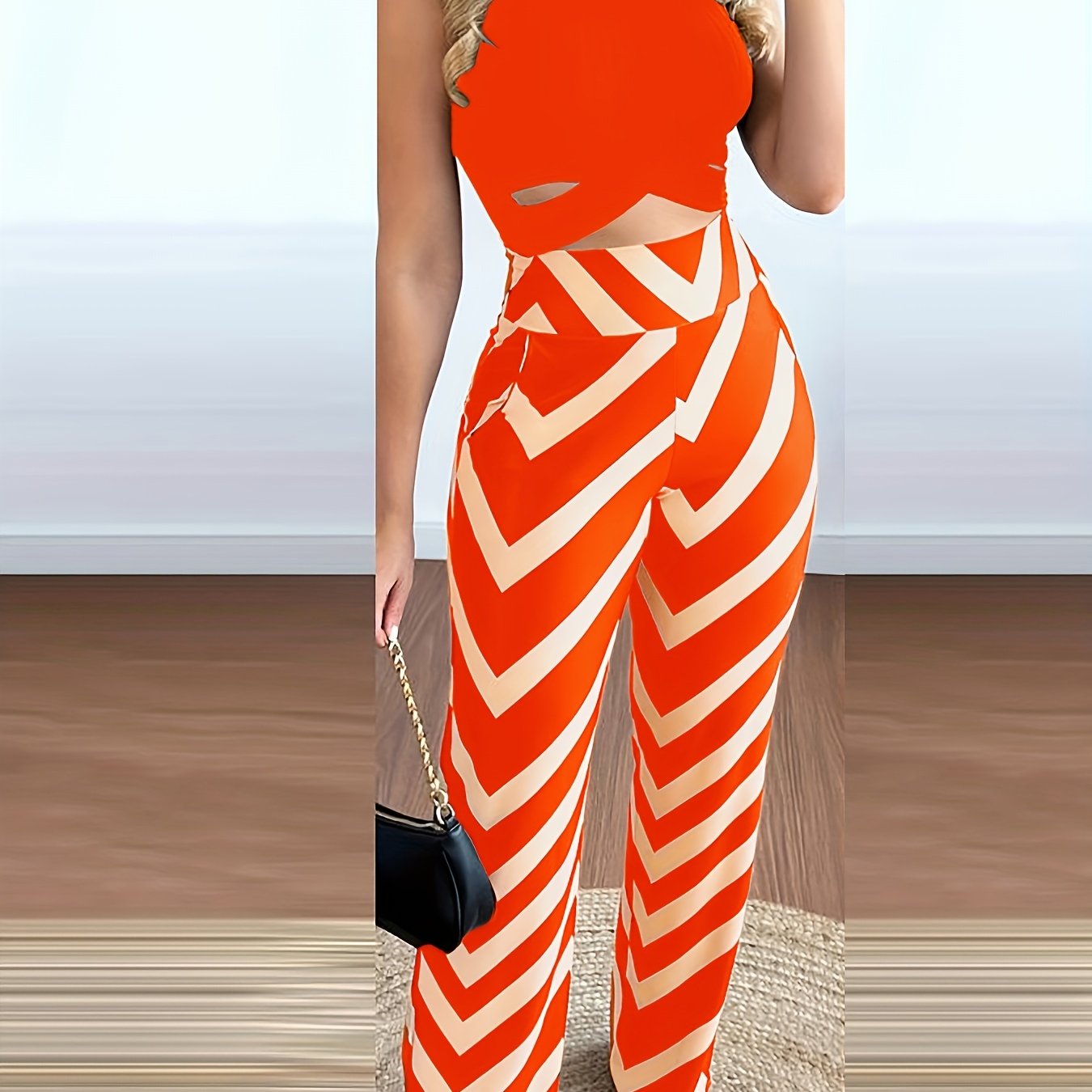 Sixsr Casual Two-piece Pants Set, Crop Tank Top & Geo Print Pants Outfits, Women's Clothing