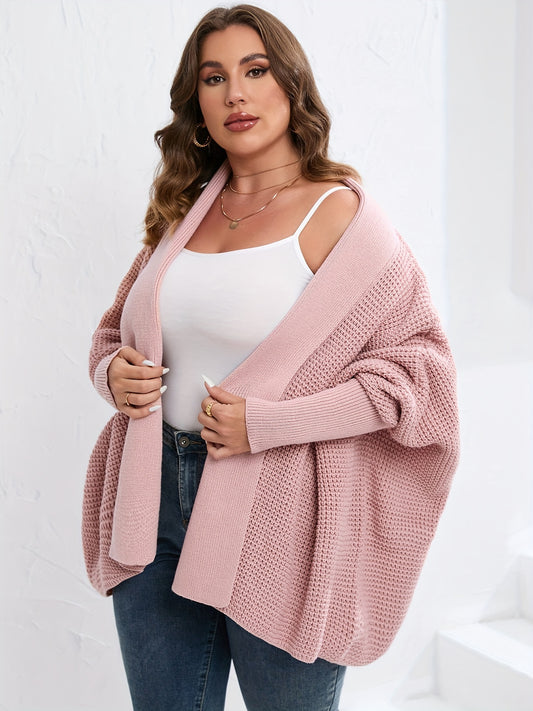 Sixsr Plus Size Lanter Sleeve Hollow Out Cardigan, Women's Plus Casual Slight Stretch Solid Sweater Cardigan