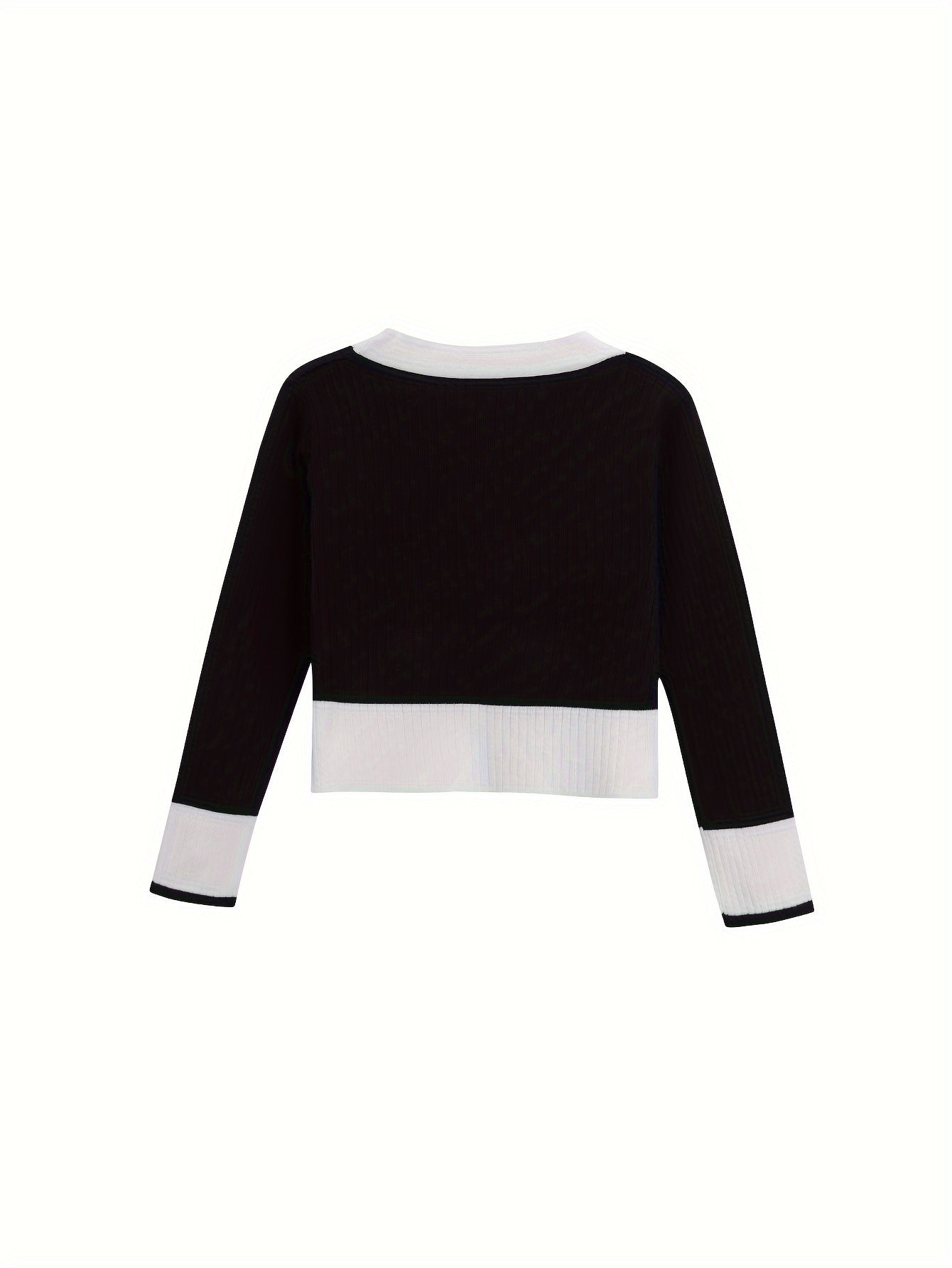 Sixsr Color Block Single Button Knit Cardigan, Casual V Neck Long Sleeve Crop Sweater, Women's Clothing