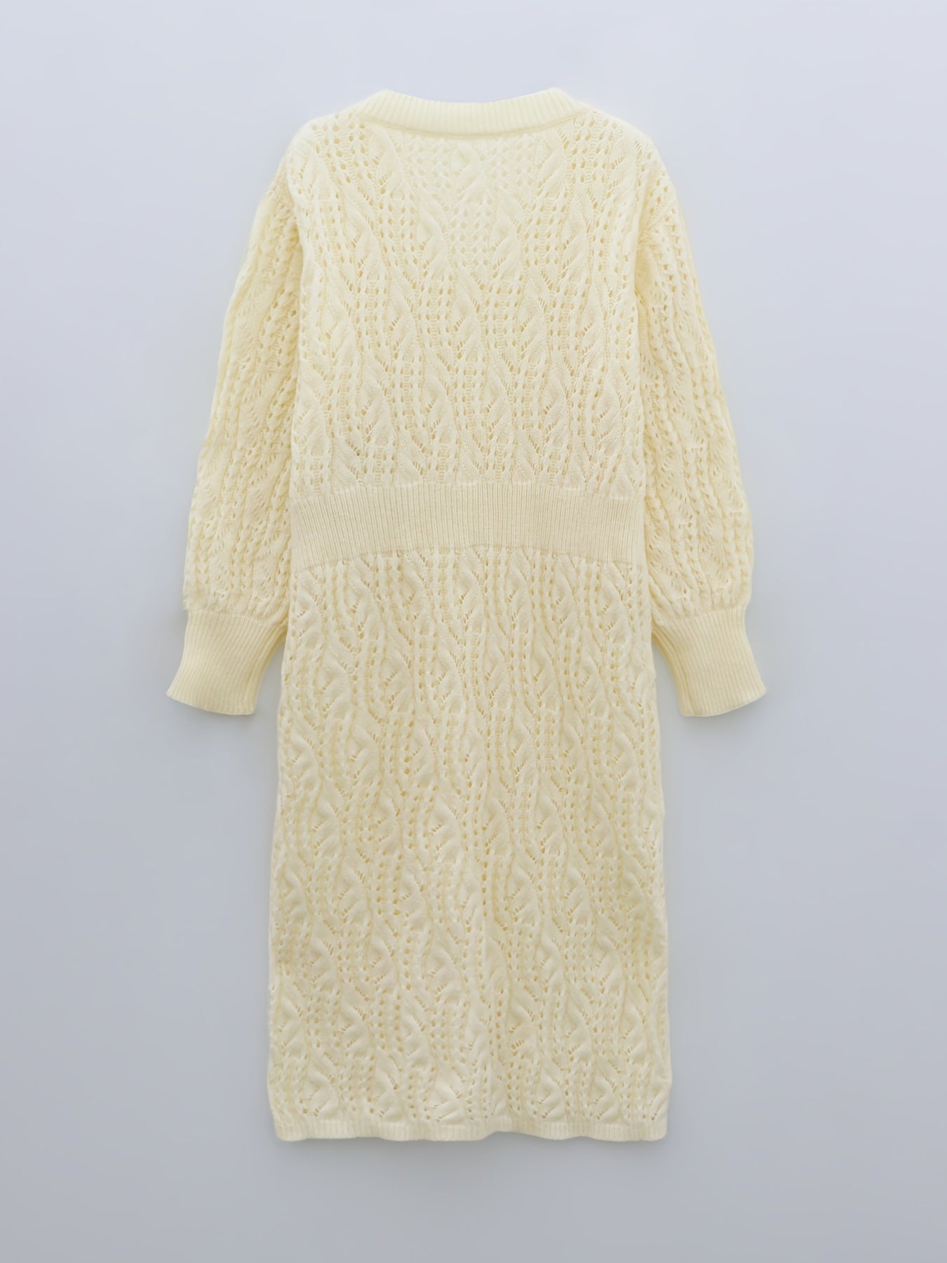 Sixsr Plus Size Casual Sweater Dress, Women's Plus Solid Eyelet Embroidered Long Sleeve V Neck Midi Sweater Dress