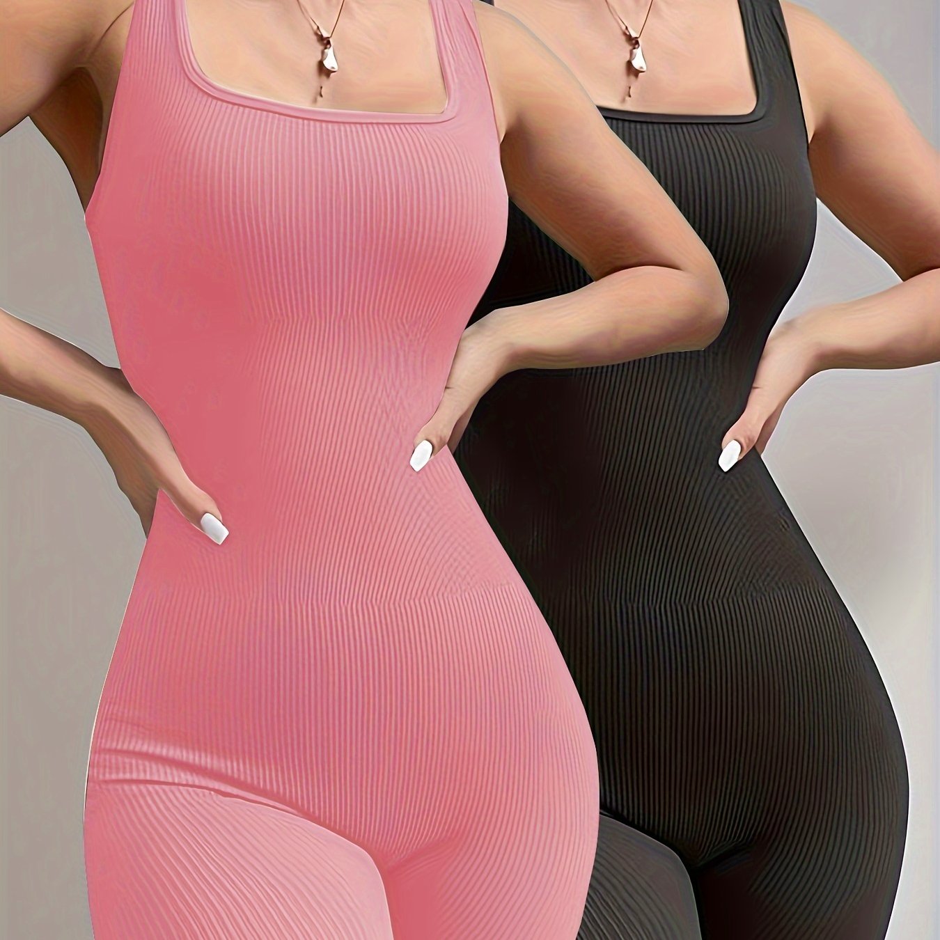 Sixsr 2pcs Solid Color Ribbed Yoga Jumpsuit, Square Neck Sports Fitness Sleeveless Bodysuit, Women's Activewear