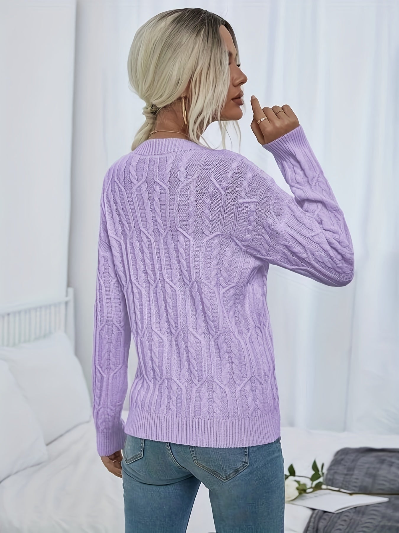 Sixsr Twist Pattern Crew Neck Sweater, Casual Long Sleeve Sweater For Fall & Winter, Women's Clothing