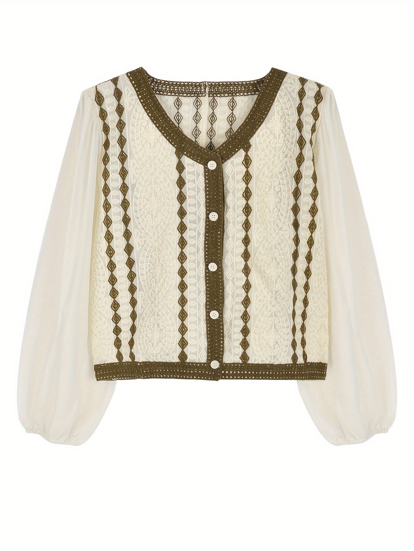 Sixsr Contrast Trim Button Front Blouse, Elegant Long Sleeve Blouse For Spring & Fall, Women's Clothing