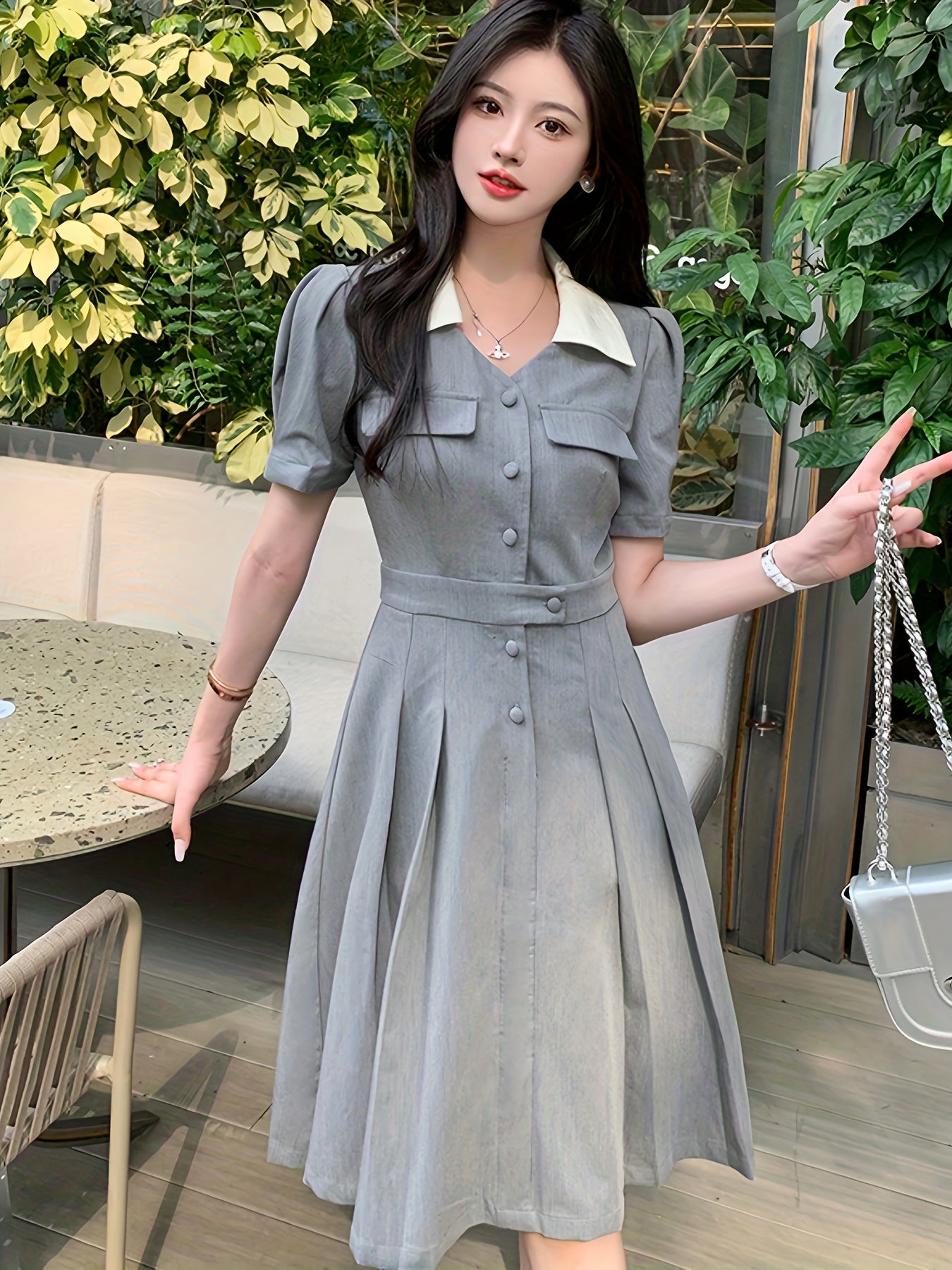 Sixsr Button Front Tucked Dress, Elegant Puff Sleeve V Neck Dress, Women's Clothing