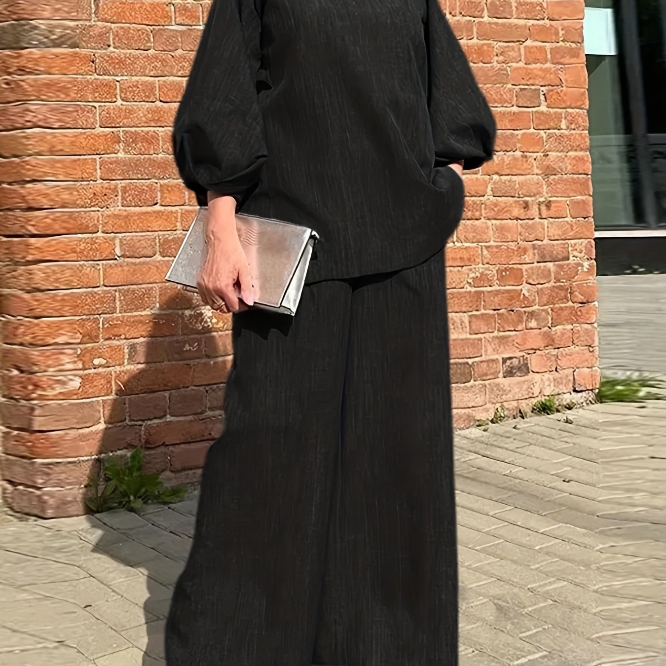 Sixsr Solid Casual Two-piece Set, V Neck Lantern Sleeve Tops & Wide Leg Pants Outfits, Women's Clothing