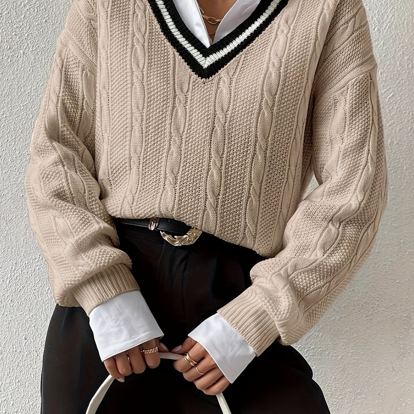 Sixsr V Neck Cable Knit Pullover Sweater, Casual Long Sleeve Drop Shoulder Sweater, Women's Clothing