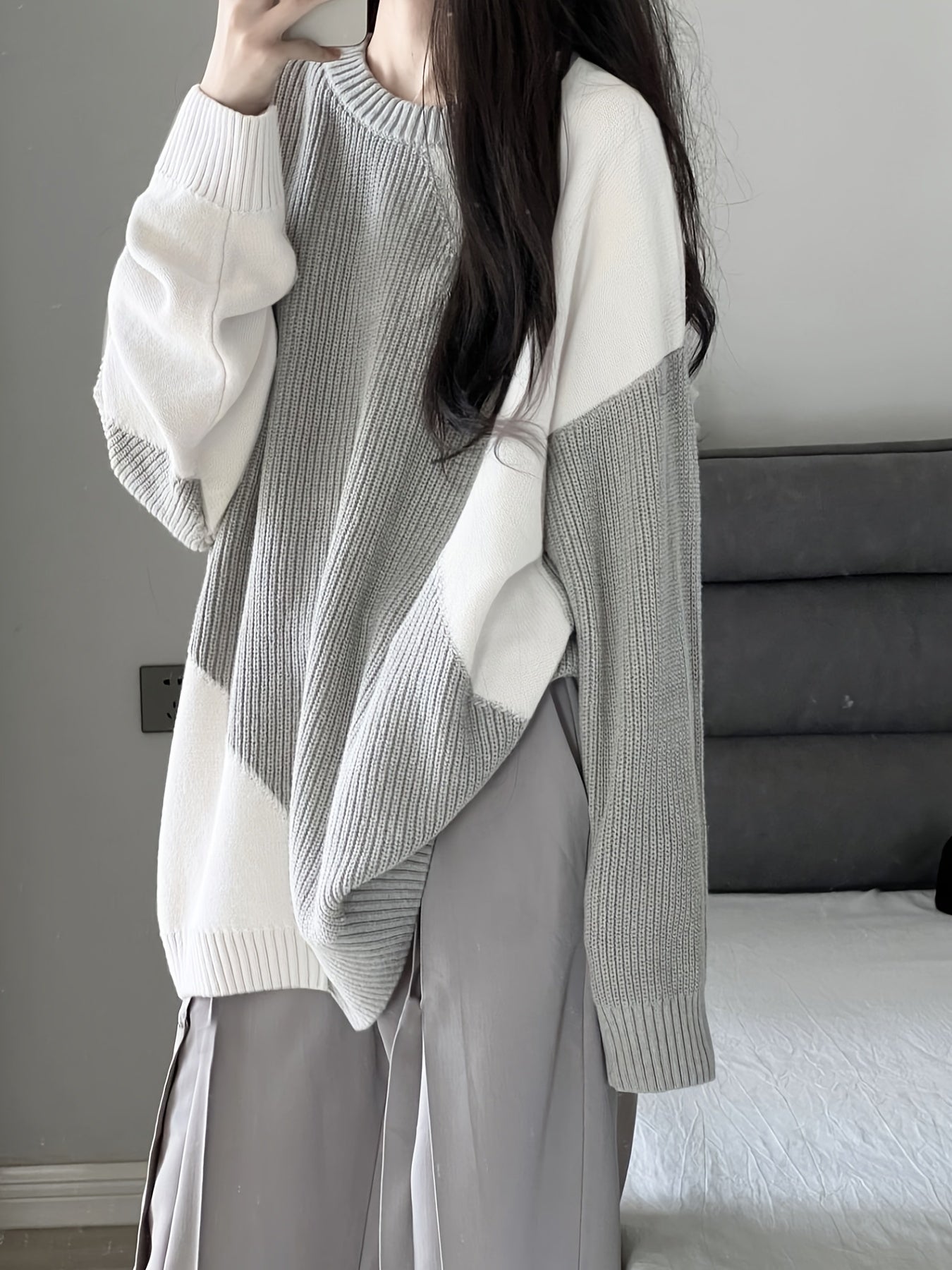 Sixsr Color Block Oversized Pullover Sweater, Casual Crew Neck Long Sleeve Sweater, Women's Clothing