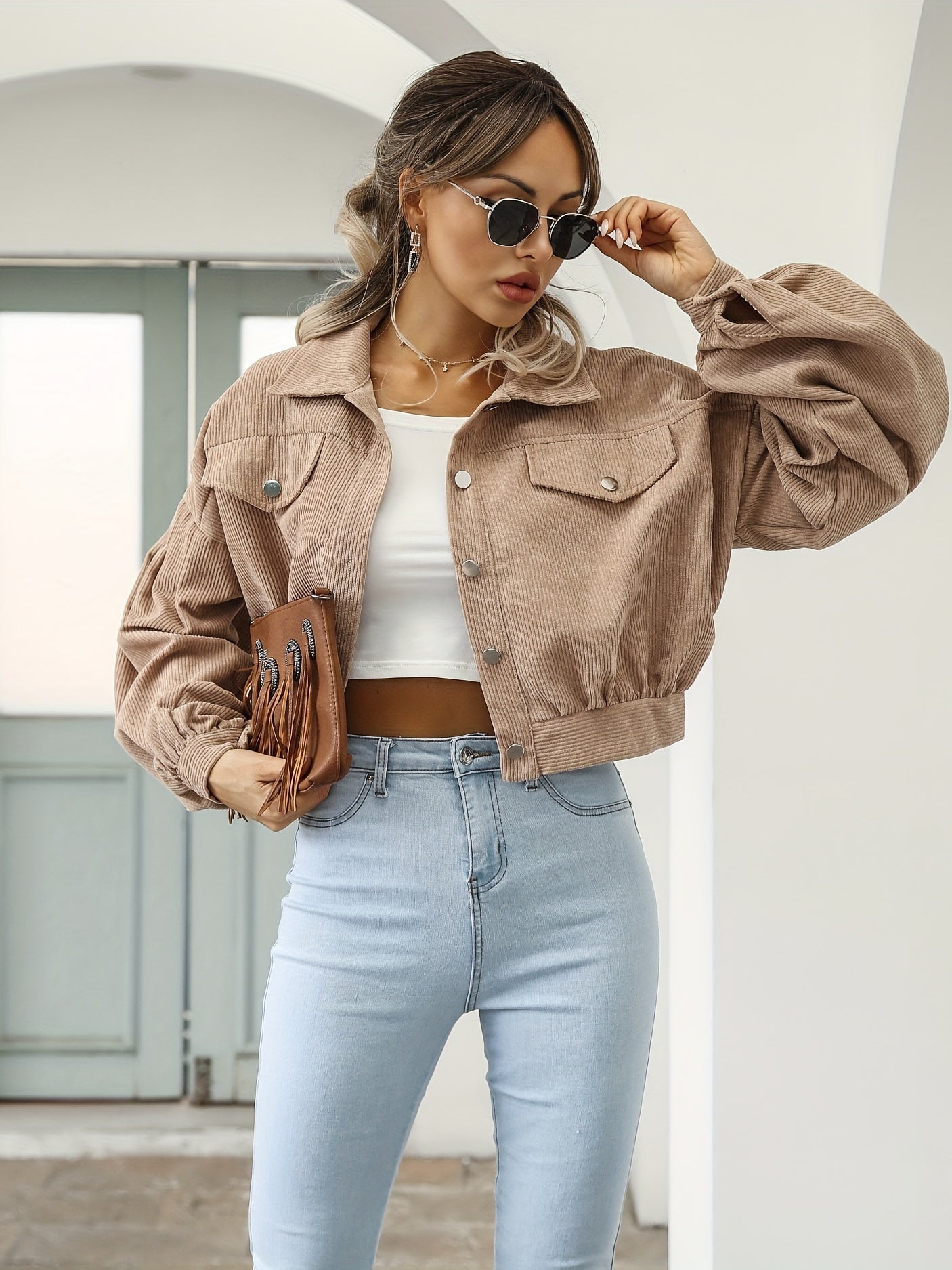 Sixsr Solid Lantern Sleeve Crop Jacket, Casual Button Front Drop Shoulder Jacket, Women's Clothing