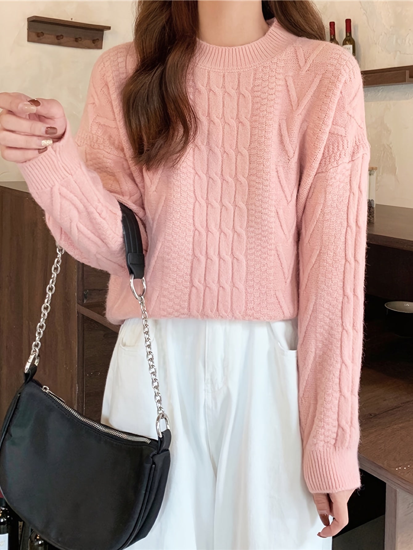 Sixsr Solid Cable Twist Knit Sweater, Casual Long Sleeve Pullover Sweater, Women's Clothing