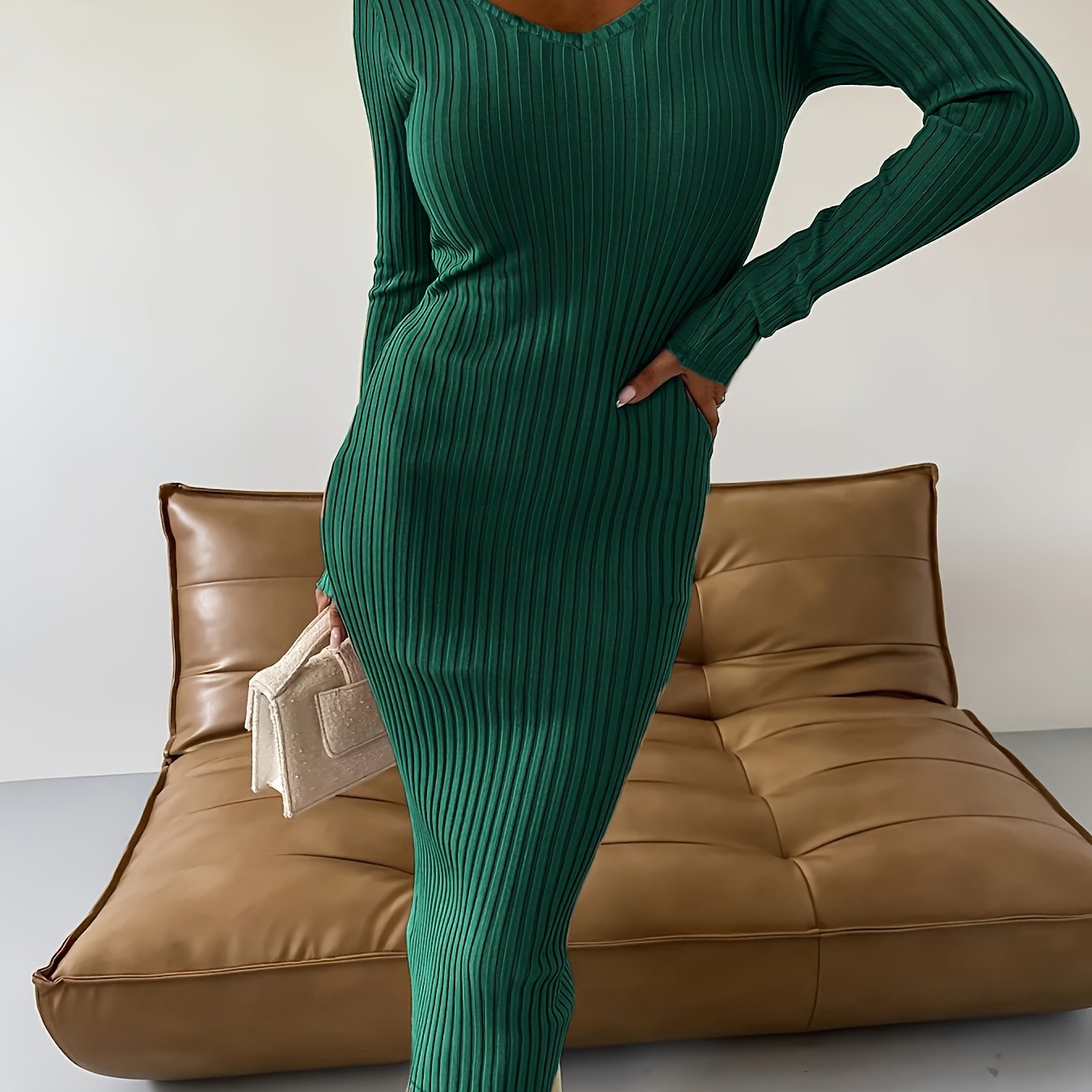 Sixsr Ribbed Solid Bodycon Dress, Elegant V Neck Long Sleeve Dress, Women's Clothing