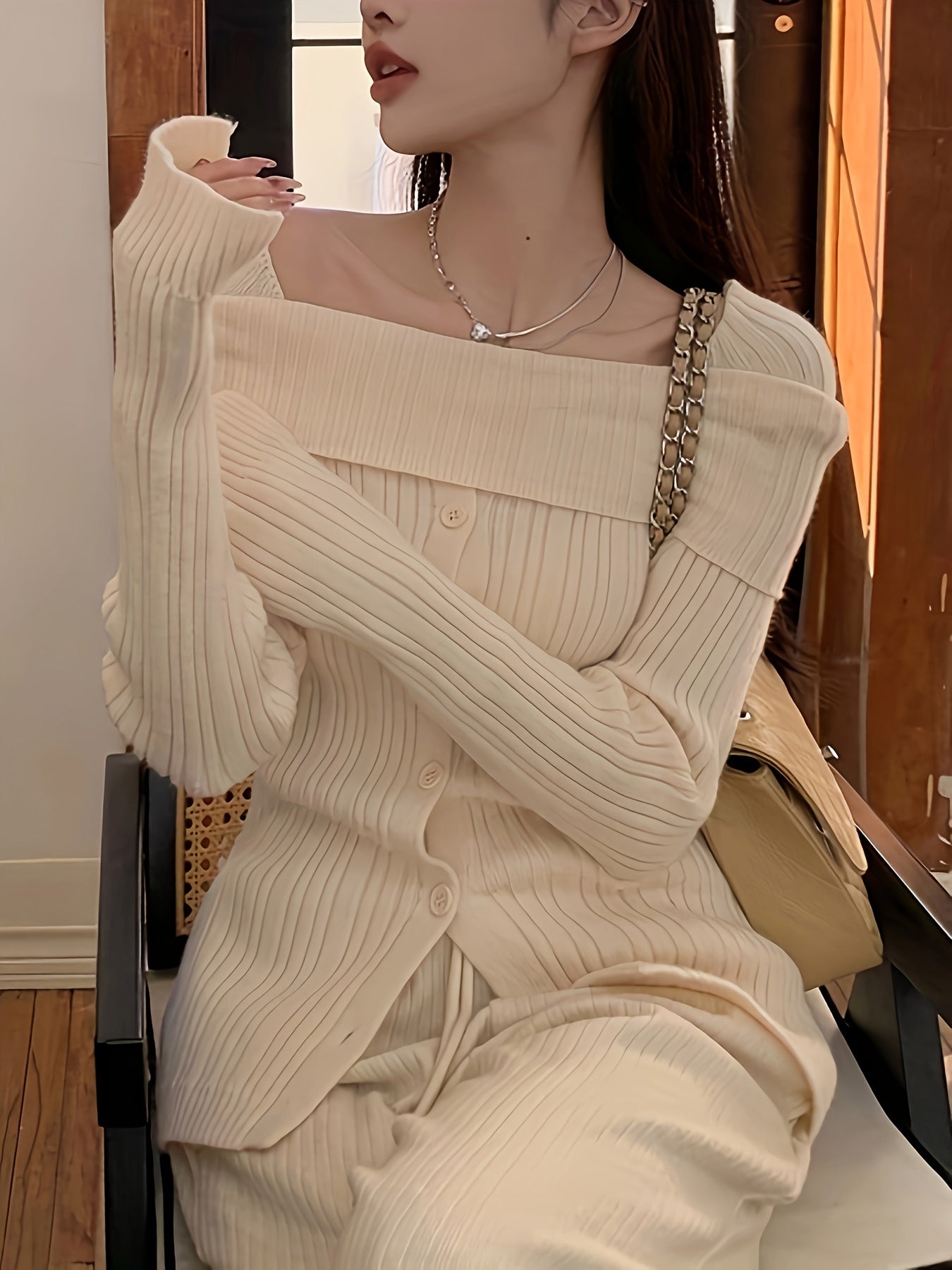 Sixsr Solid Off Shoulder Rib Knit Sweater, Elegant Button Front Long Sleeve Slim Sweater, Women's Clothing