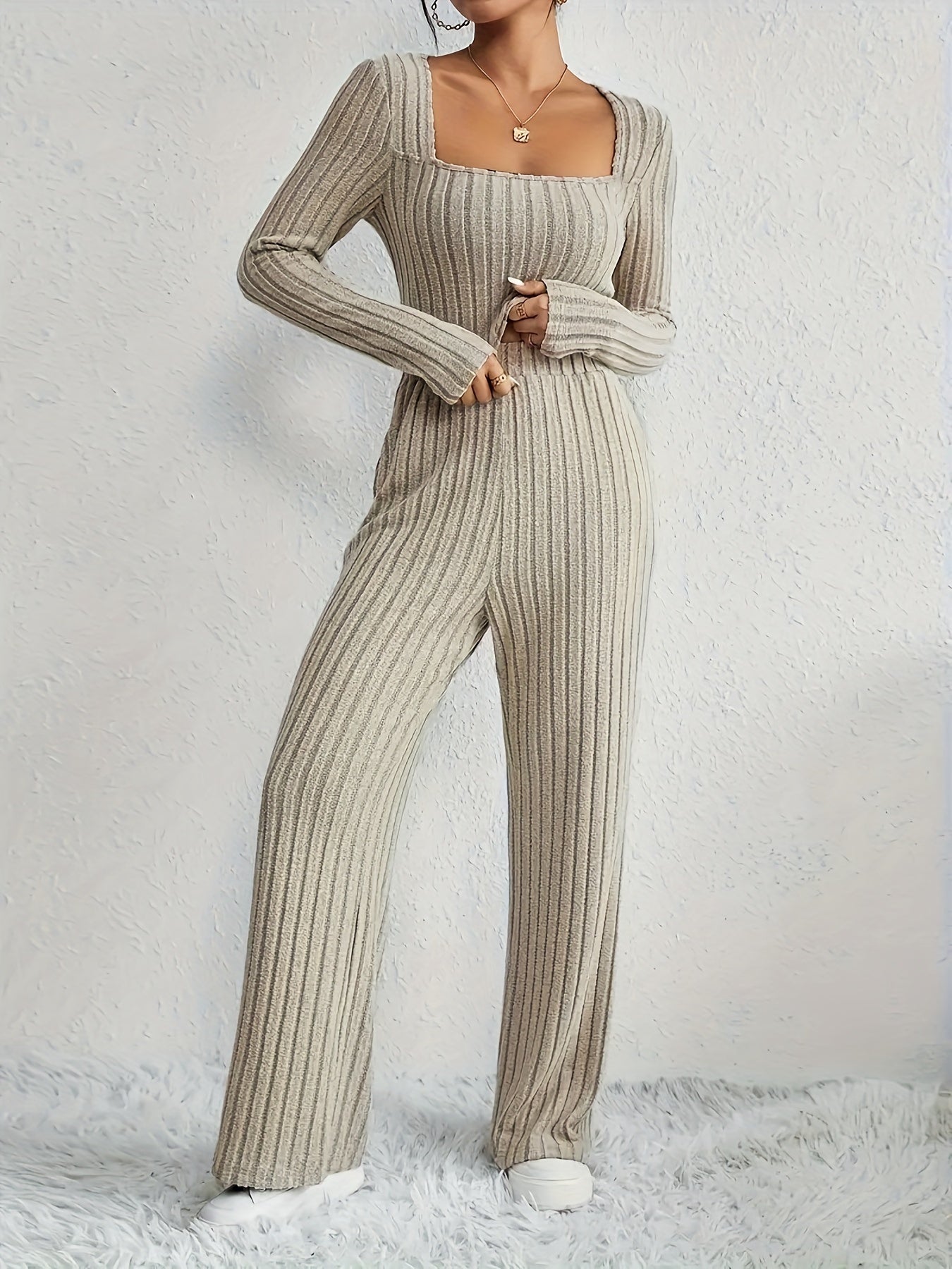 Sixsr Casual Solid Ribbed Two-piece Set, Long Sleeve Top & High Waist Pants Outfits, Women's Clothing