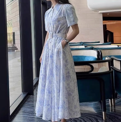 New Women Slim Fit High Waist Dress With Sashes Summer Printing Long Sleeve Button Dress Elegant Female Streetwear Casual Dress