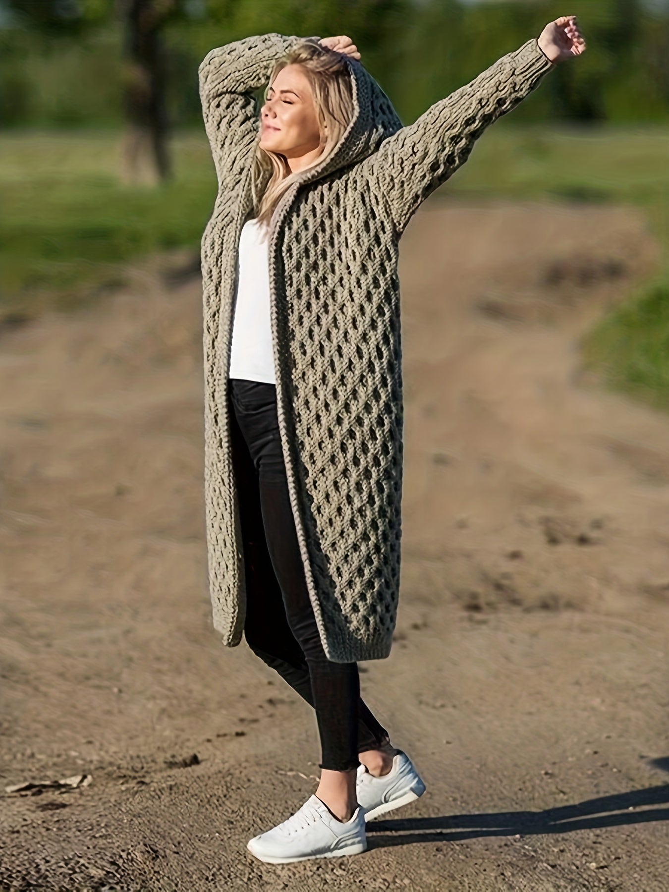Sixsr Solid Open Front Hooded Cardigan, Casual Long Sleeve Long Length Sweater For Fall & Winter, Women's Clothing