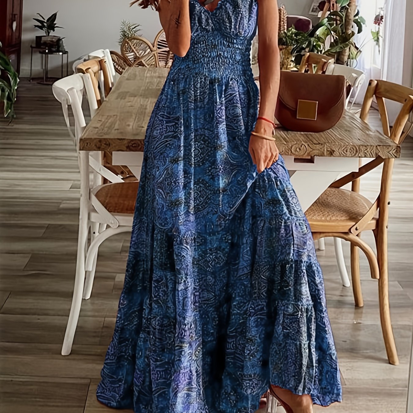 Sixsr Floral Print Ruffle Neck Long Dress, Boho Short Sleeve Waist Summer Large Swing Dresses, Women's Clothing
