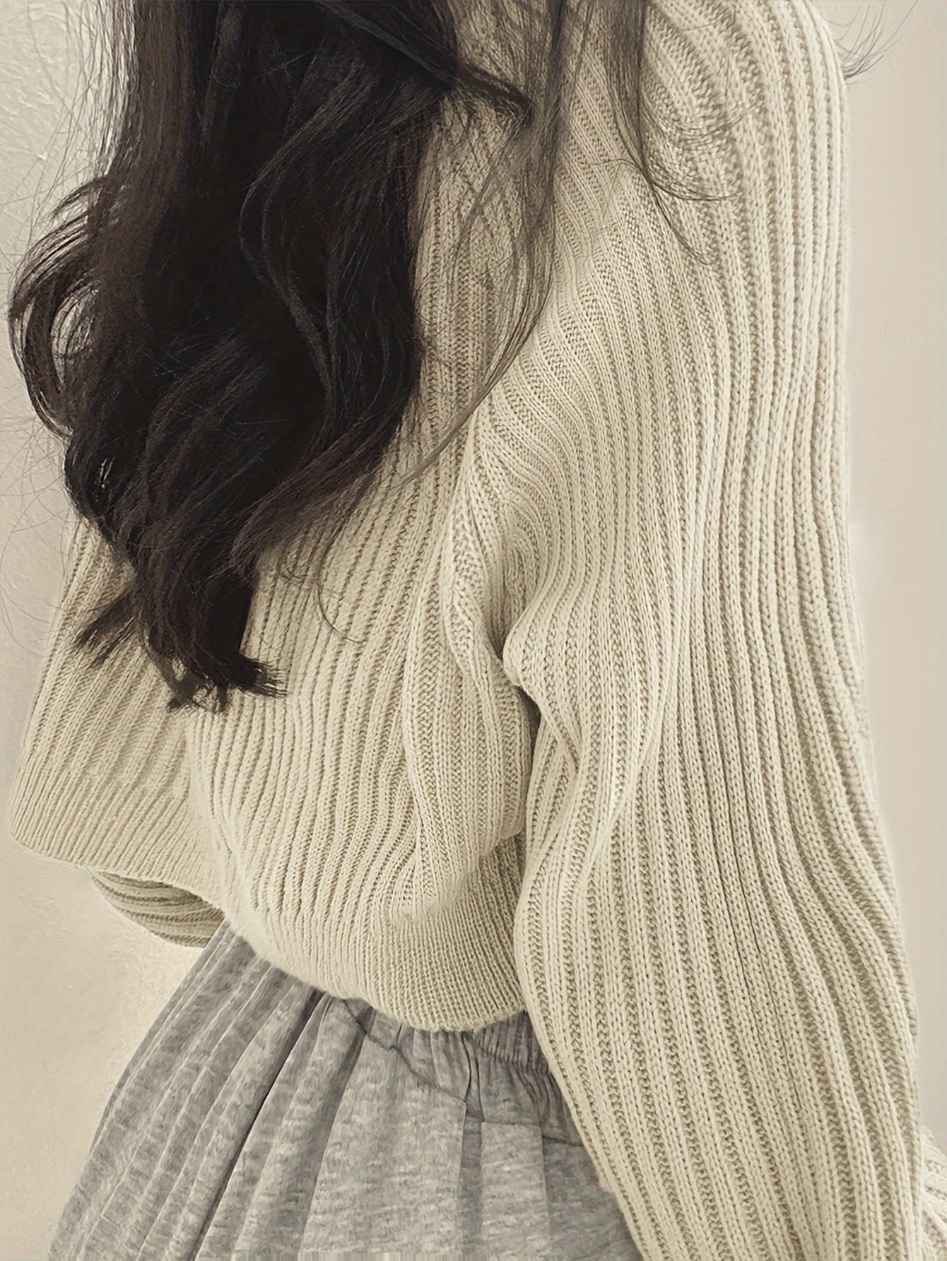 Sixsr Asymmetric Hem Crew Neck Shrug, Chic Long Sleeve Crop Sweater, Women's Clothing