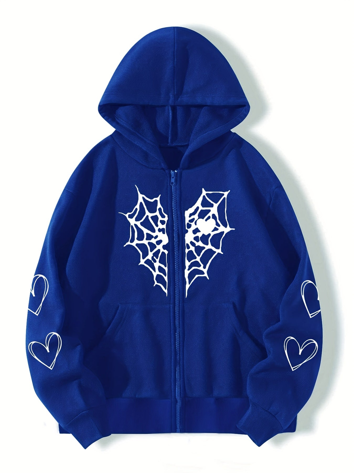 Sixsr Spider Web Heart-shaped Print Drawstring Loose Hoodies, Casual Zipper Hooded Pocket Fashion Long Sleeve Sweatshirt, Women's Clothing