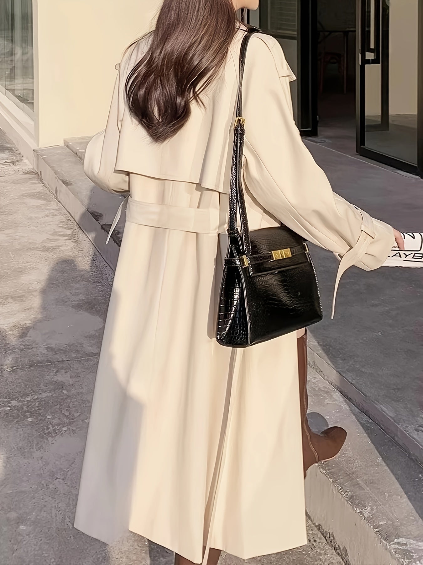 Sixsr Notched Collar Double-breasted Trench Coat, Casual Long Sleeve Midi Coat For Fall & Winter, Women's Clothing