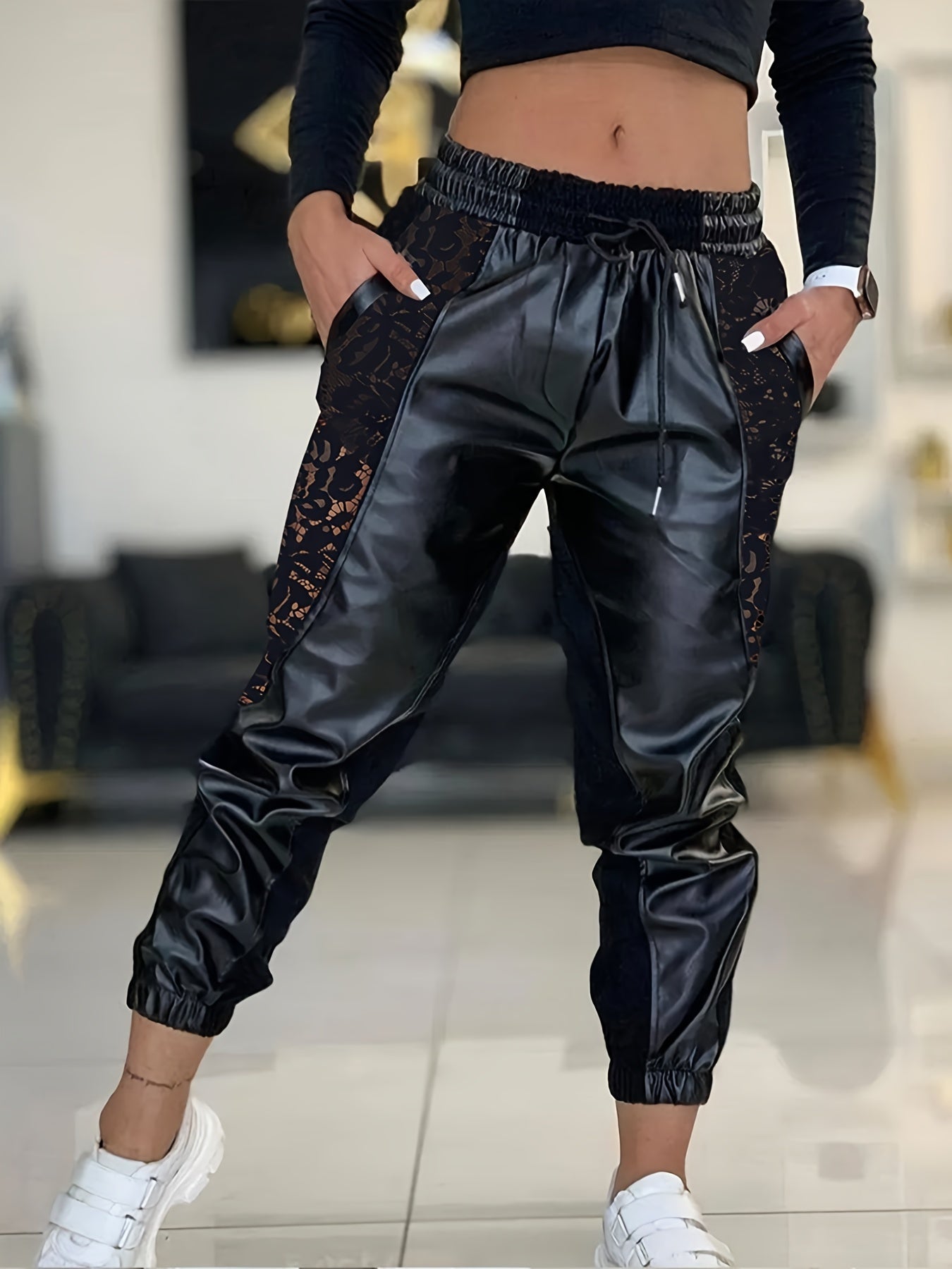 Sixsr Lace Solid Pants, Casual Every Day Pants For Spring & Fall, Women's Clothing