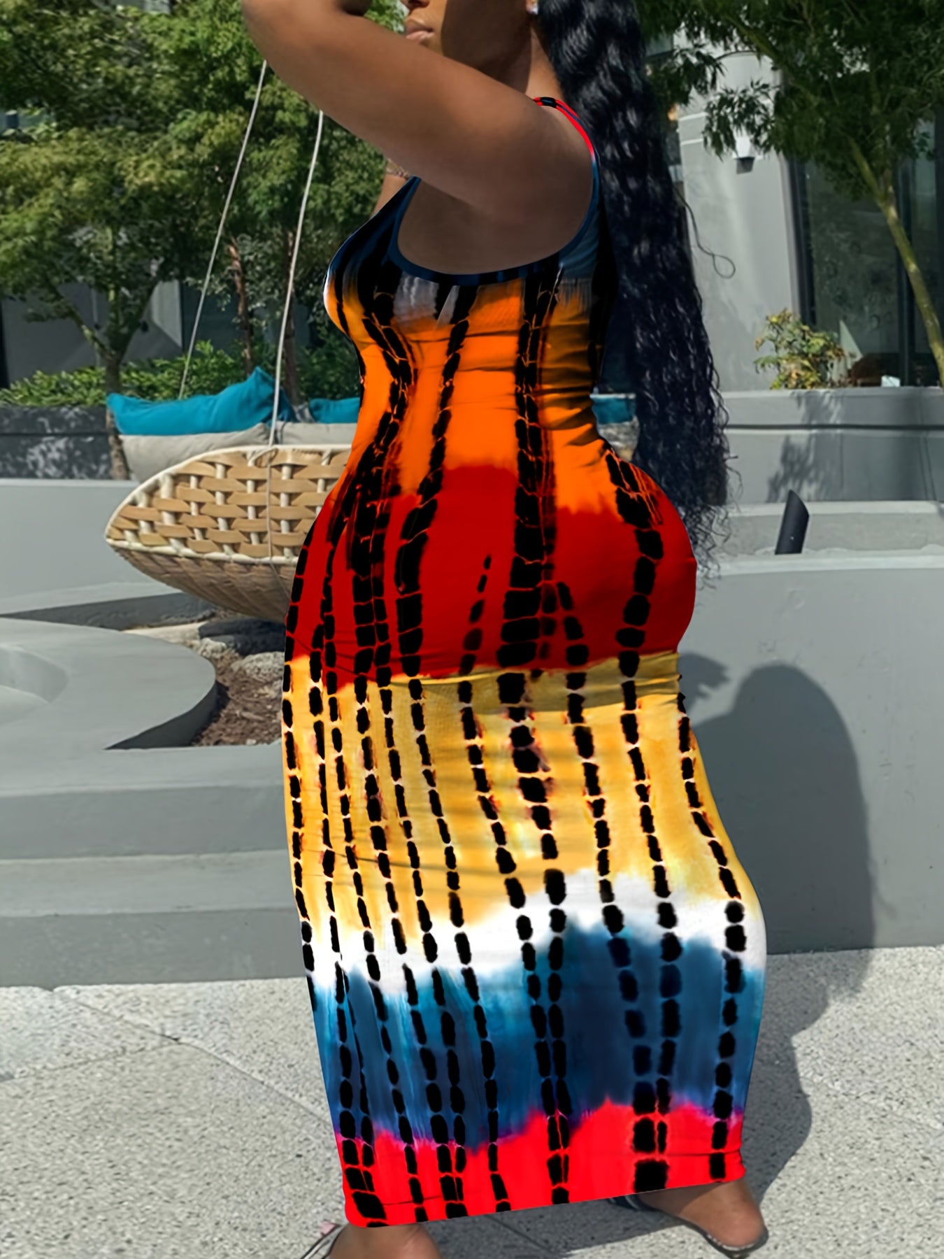 Sixsr Plus Size Casual Tank Dress, Women's Plus Colorblock Tie Dye Notched Neck High Stretch Bodycon Maxi Tank Dress