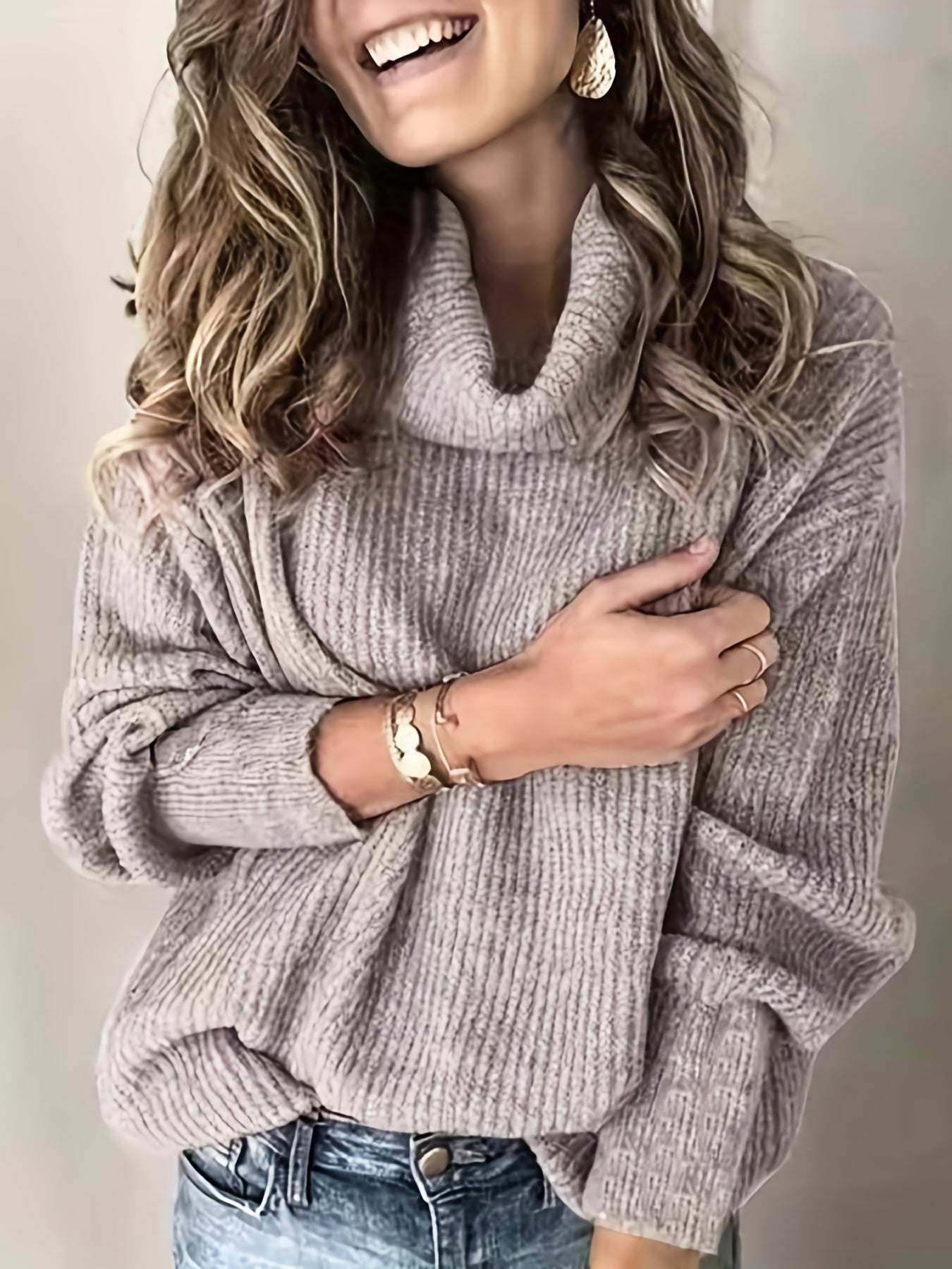 Sixsr Plus Size Casual Sweater, Women's Plus Solid Ribbed Turtle Neck Long Sleeve Medium Stretch Sweater