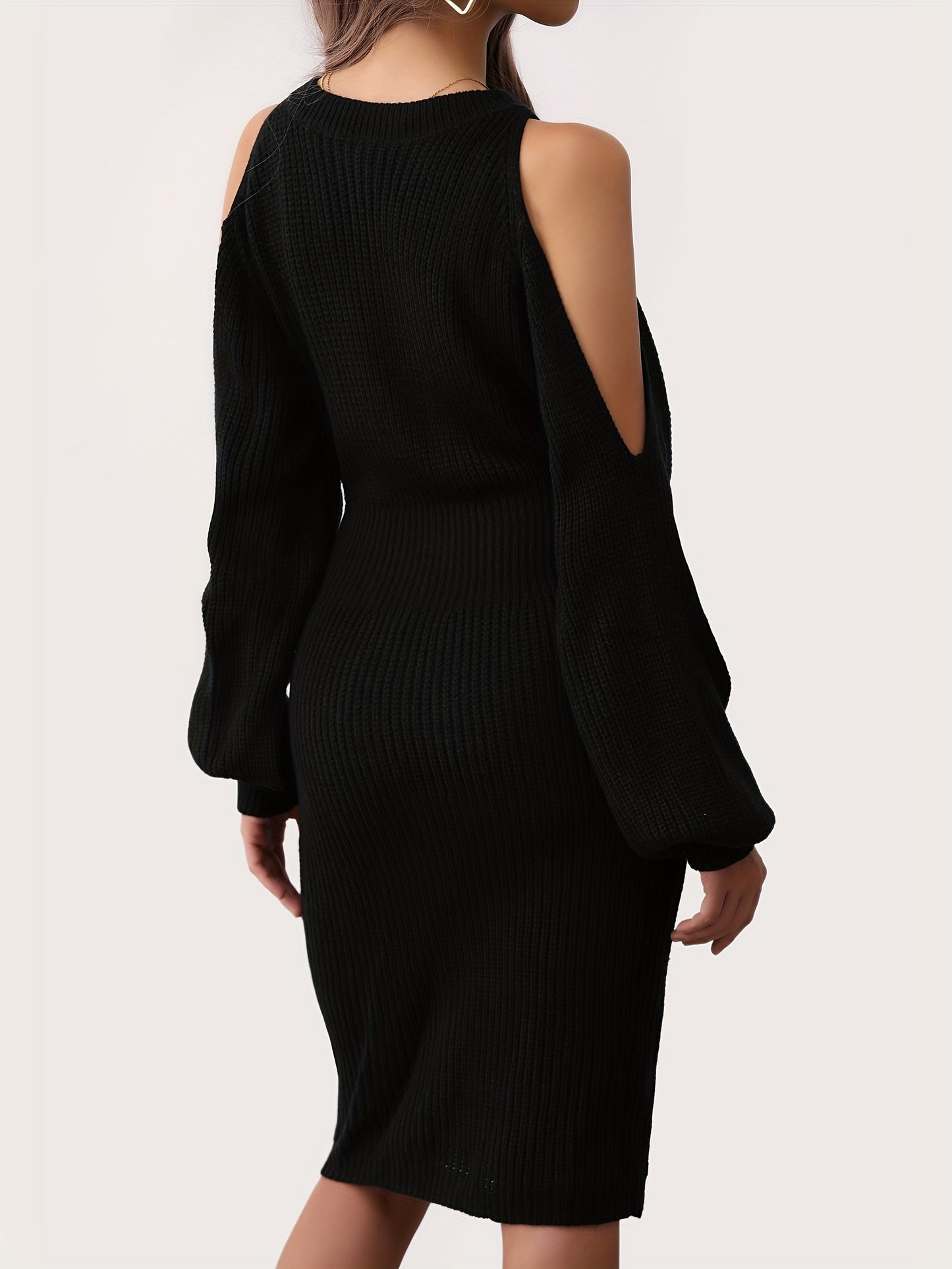 Sixsr Cold Shoulder Lantern Sleeve Dress, Elegant Solid Bodycon Dress, Women's Clothing