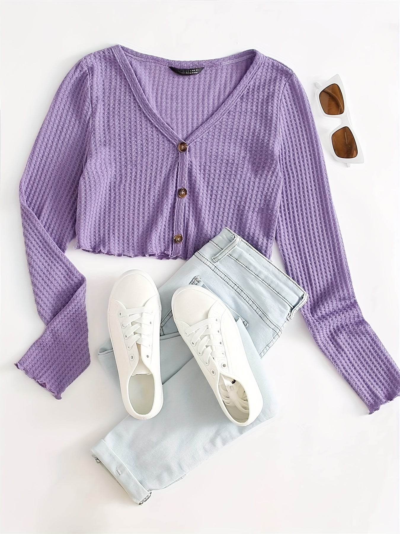 Sixsr Solid Lettuce Trim Knit Cardigan, Casual Button Front Long Sleeve Sweater, Women's Clothing
